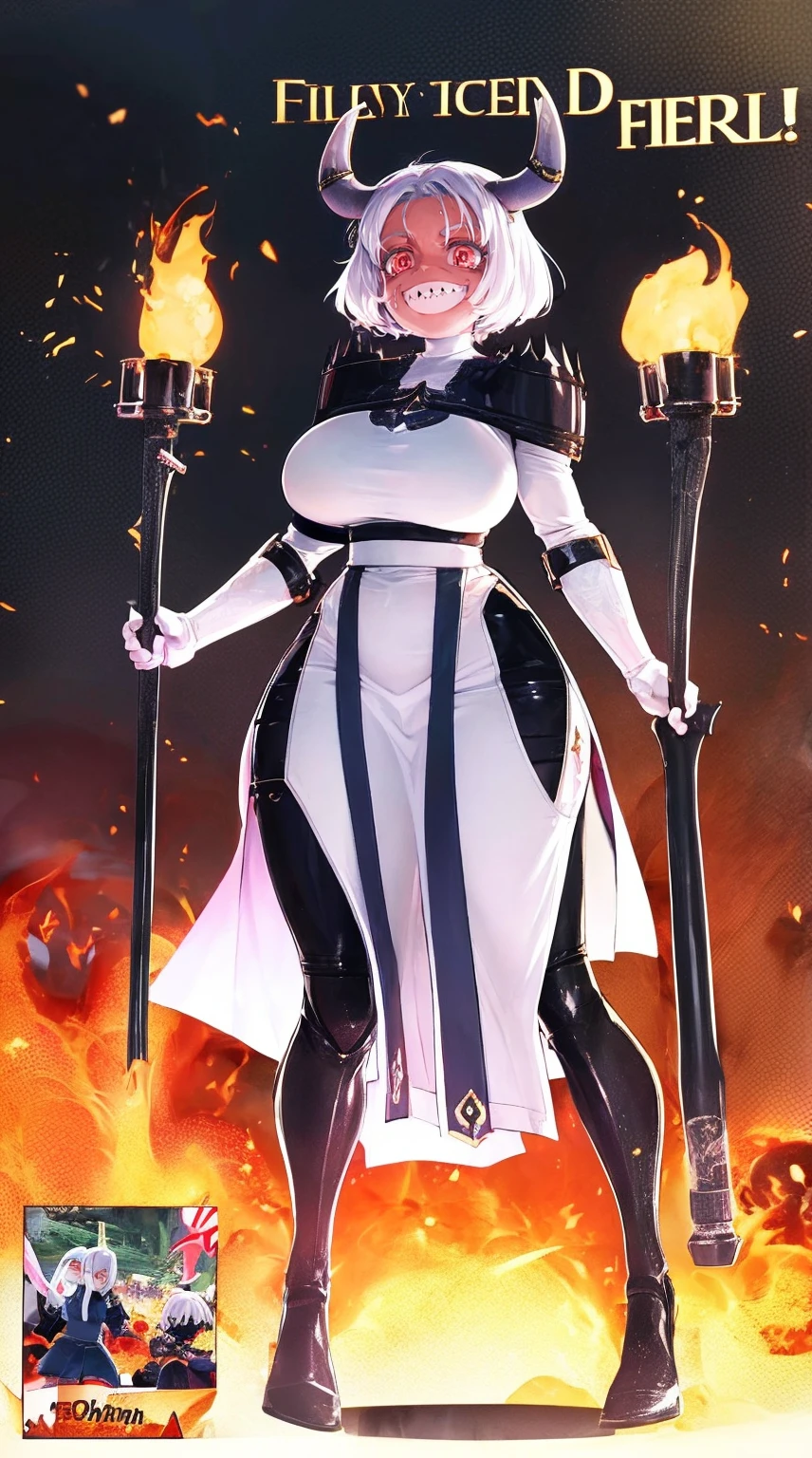 nun, demon girl, walking, , warpriesstes, silver hair, short hair, sacred gauntlets, long ski, cute smile, pure smile, love smile,,veillong skirt, pantyhose, staff holding, armor, gloves, standing, full body,sharpteeth,standing, full body, happy, joyfull