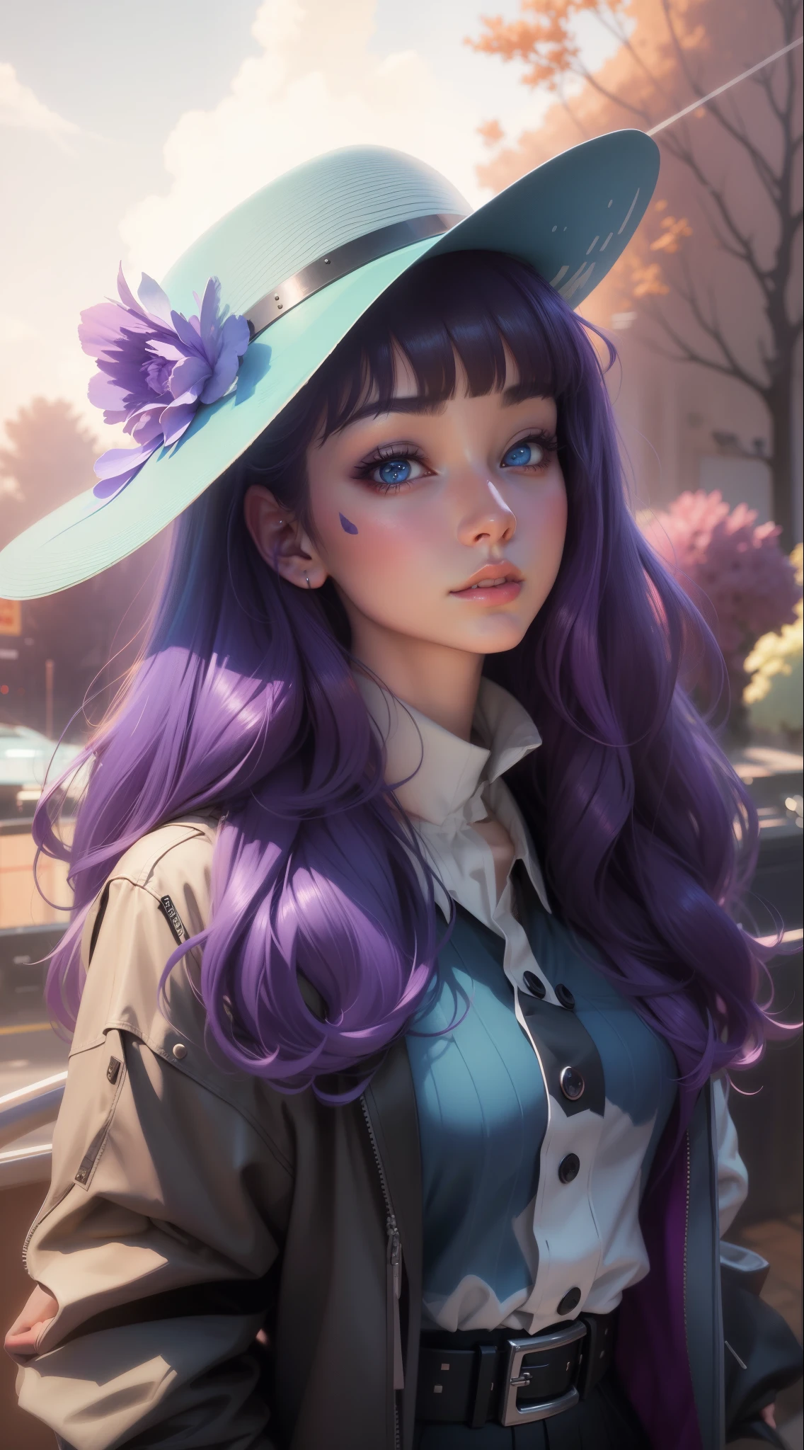 Beautiful woman with purple hair wearing a hat and a jacket, artwork in the style of guweiz, ilya kuvshinov with long hair,beautiful blue eyes,realistic anime artstyle, realistic anime art style, anime realism style, kawaii realistic portrait, digital art ilya kuvshinov, realistic anime 3 d style, beautiful anime portrait,