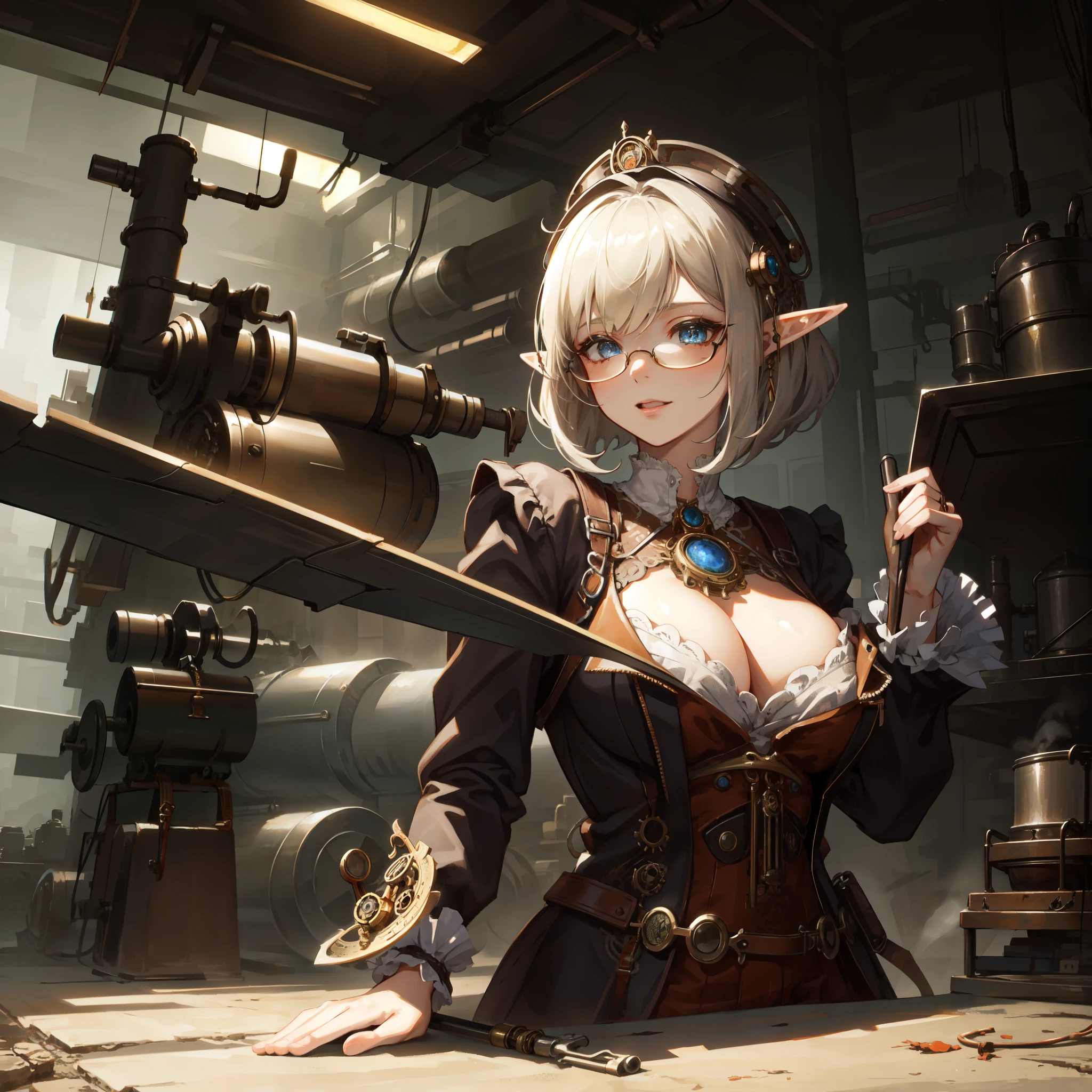 ((masterpiece )), (top quality), (best quality), ((ultra-detailed, 8k quality)), Aesthetics, Cinematic lighting, (detailed line art), Beautiful digital artwork, Exquisite digital illustration, absurdres, 
BREAK,
beautiful elf girl using tools next to a desk, in a factory, Workshops, waterr pipe, water tank, 18 century, (steampunk Avairy helmet with goggles), steampunk_costume, (avairy coat), glasses, cell shading, cinematic dramatic atmosphere, high quality cell shaded illustration in Fantasy steampunk style by Yoji Shinkawa, detailed and intricate environment, artstation, concept art, Dynamic angle, fluid and sharp focus, by ((Mikimoto Haruhiko)),
BREAK,
(best shadow), intricate details, interior, dark studio, muted colors, key spring-enhanced, clockwork, bronze, copper, steel, dangerous, sharp, intricately detailed dramatic atmospheric, (steam punk), SteamPunkAI, CogPunkAI,
BREAK,
highly detailed of (elf), (1girl), perfect face, details eye, Bob cut hair, Blunt bangs, (hair between eye), blonde white hair, blue eyes, eyelashes, eyeshadow, pink eyeshadow,  smile, design art by Artgerm, by Kawacy, By Yoshitaka Amano,
BREAK, 
((perfect anatomy)), nice body, medium breast, (extremely detailed finger), best hands, perfect face, beautiful face, beautiful eyes, perfect eyes, (perfect fingers), correct anatomy, 