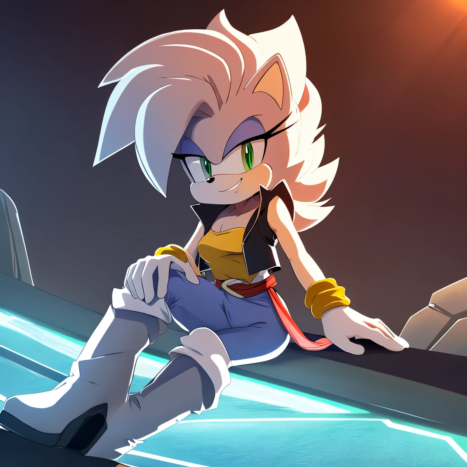 Female, Mobian, one hand on hip, (((2D Anime Style))), (solo), (1girl), high quality digital art, red and black neon lines sketch art, black cloudy background, a brown furred female anthropomorphic hedgehog from Sonic the hedgehog who has green eyes, smiling, long lower back length hair, slightly spiked up hair similar to Gogeta, hair bangs, (black tube top), (yellow sash belt), white baggy pants, (ankle length high heeled boots), white gloves, ((Metamoran fusion Vest)), (gray and yellow vest), (Bulchi / Gogeta vest), wispy lines, smoky
