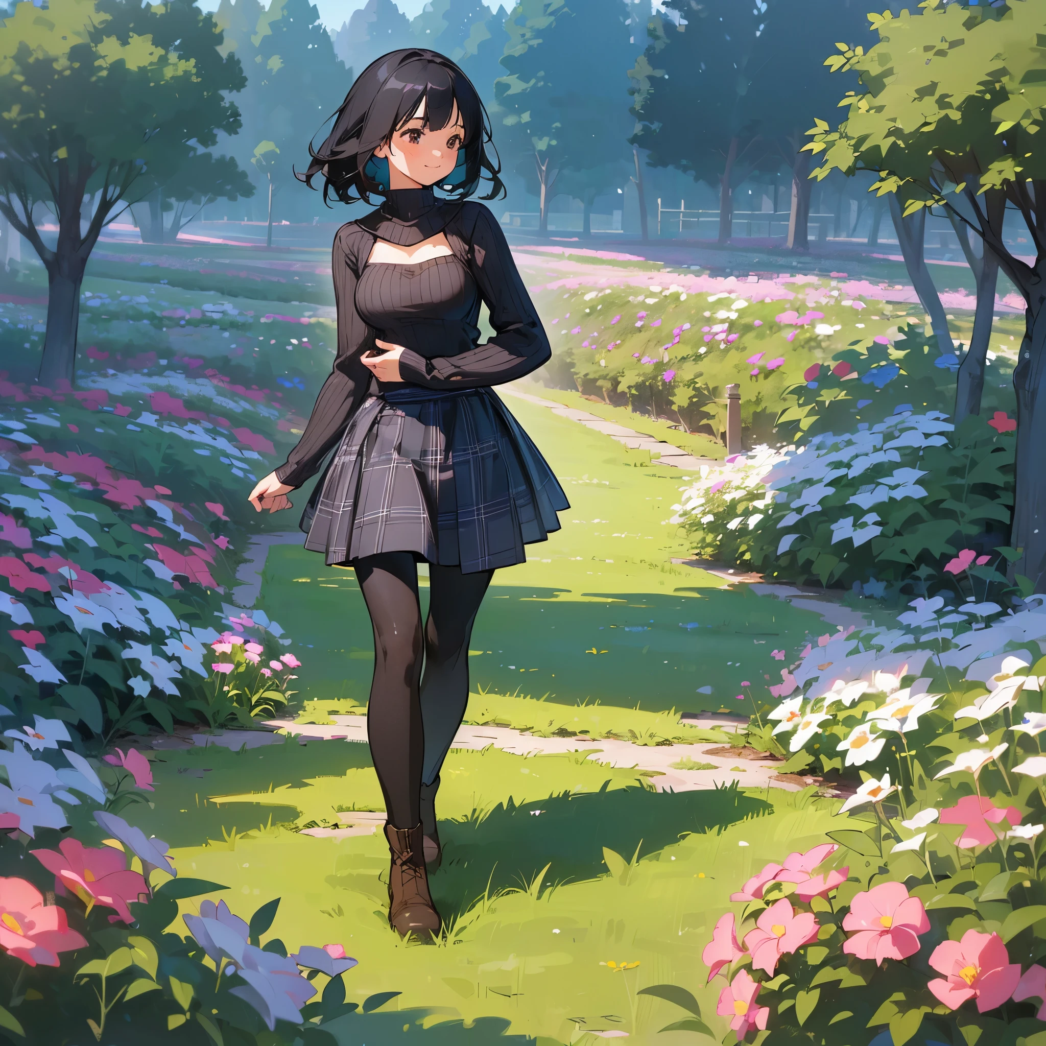 (high quality, high resolution, Super detailed, Reality:1.37), peaceful atmosphere, (outdoor, garden), Teenage girl standing alone, (My breasts are big.), Beautiful detailed features, cute smile, (black bob hair), ribbed sweater, blue plaid skirt, Black tights, brown boots.