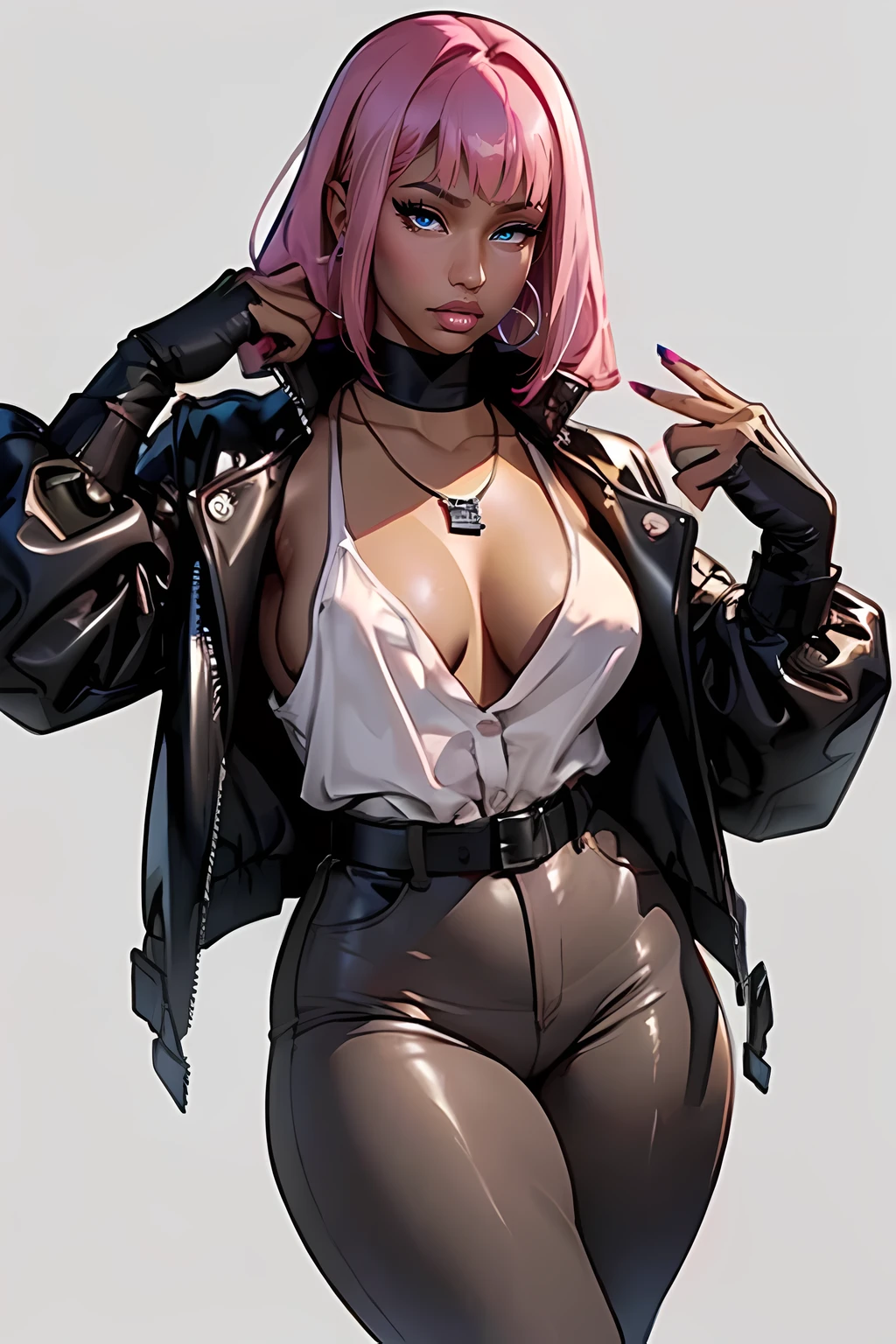 (masterpiece), (best quality), ((Nicki Minaj)), makeup, (brown skinned female), ((small breasts:1:1)), ((chubby)), thick thighs, hair with bangs, leather jacket, shirt, long sleeves, tights, jewelry, necklace, deep cleavage, fashion ((grey background))