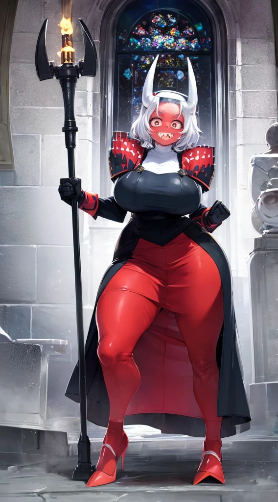 nun, demon girl, walking, , warpriesstes, silver hair, short hair, sacred gauntlets, long ski, cute smile, pure smile, love smile,,veillong skirt, pantyhose, staff holding, armor, gloves, standing, full body,sharpteeth,standing, full body, happy, joyfull
