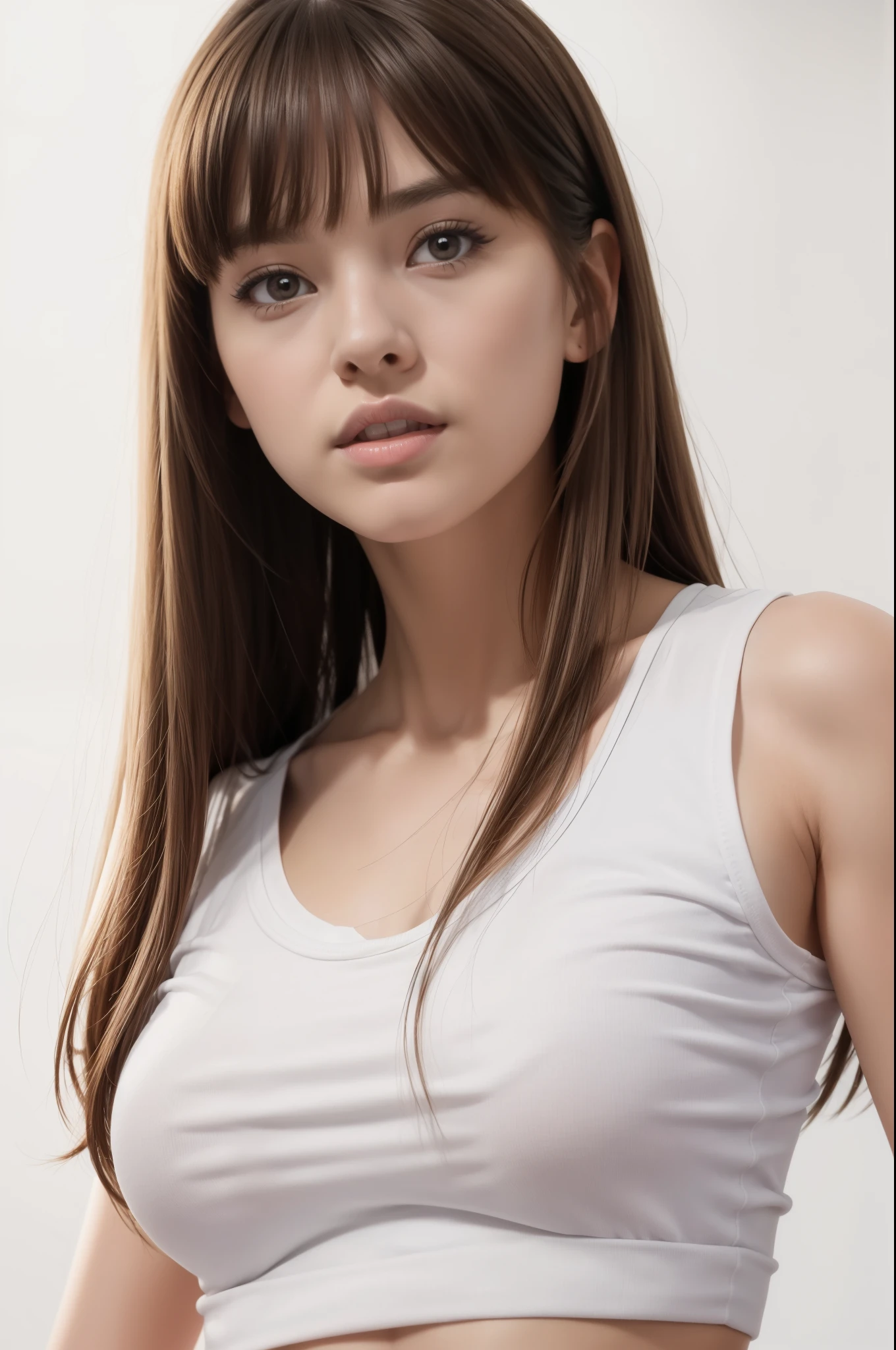 Highest quality, photorealism, 8K, a high resolution, 1 girl, Woman, (dent in the skin), (portrait: 0,6), This is great, (White background: 1,82)), ((small round breasts, White sleeveless t-shirt: 1,75) ), Look Straight Viewer: 1,8, (1 Girl's Eyes, medium length hair, Brown hair, bangs with parting: 1,65), photorealism, (hips), (mouth closed: 1,46), This is great, pureerosface_v1,