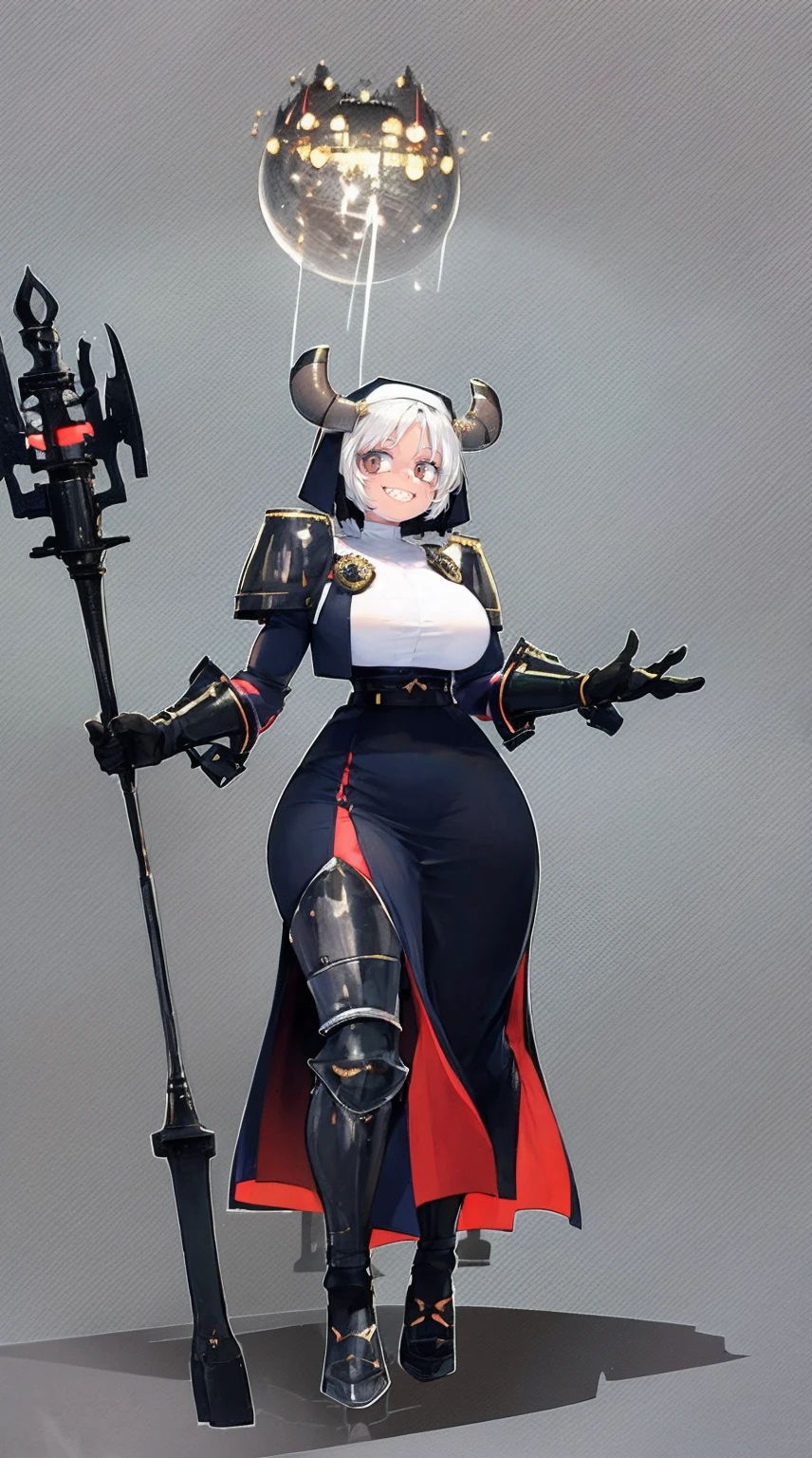 nun, demon girl, walking, , warpriesstes, silver hair, short hair, sacred gauntlets, long ski, cute smile, pure smile, love smile,,veillong skirt, pantyhose, staff holding, armor, gloves, standing, full body,sharpteeth,standing, full body, happy, joyfull, refsheet
