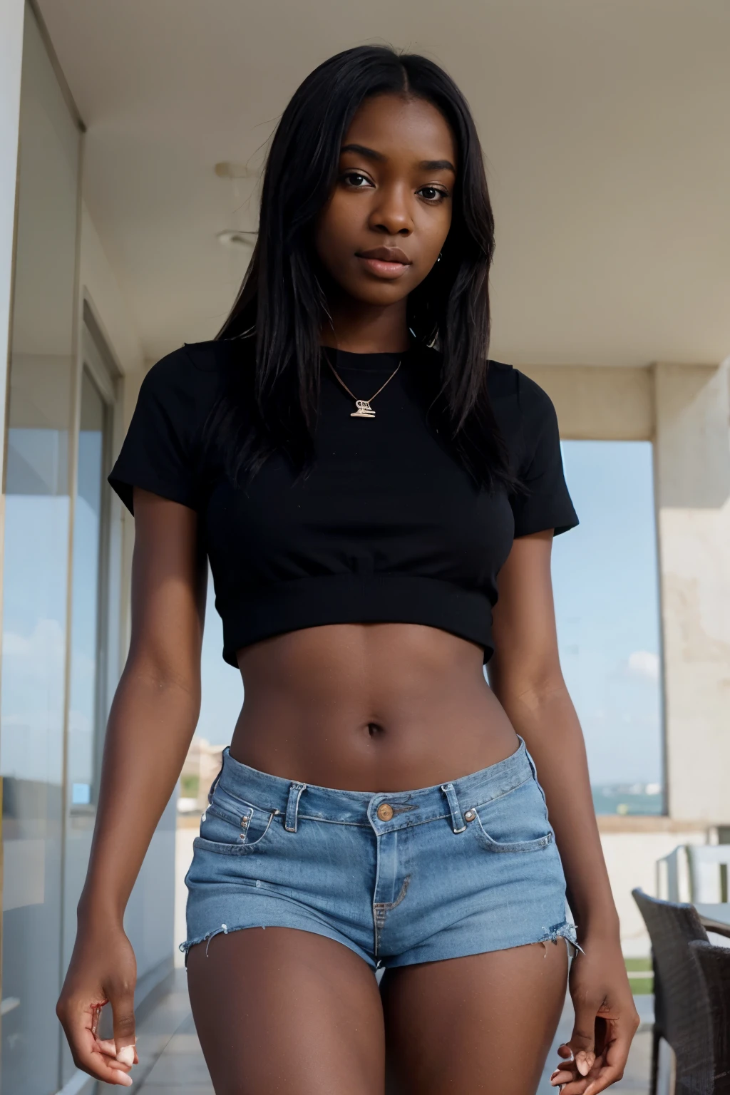 Angolan girl wearing short clothes black skin straight hair blue eyes  Showing the vagina 