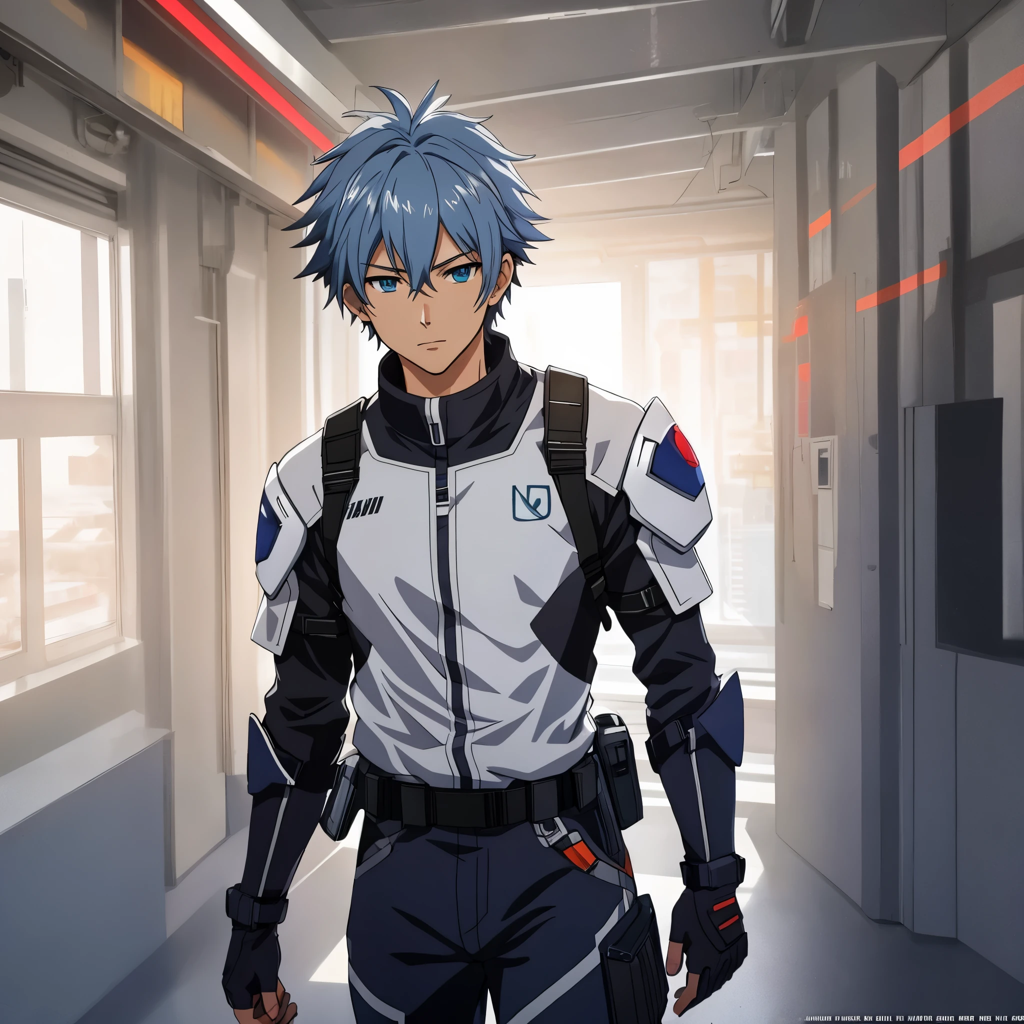 1 male, solo, dynamic scene, anime character wearing combat suit, kaworu nagisa, anime handsome man, male anime character, tall anime guy with blue eyes, hajime yatate, anime, fubuki, action anime pose, yukito kishiro, young anime man, official art, makoto kano, male anime style, masterpiece, rtx, ray tracing, highly detailed, best quality, official art