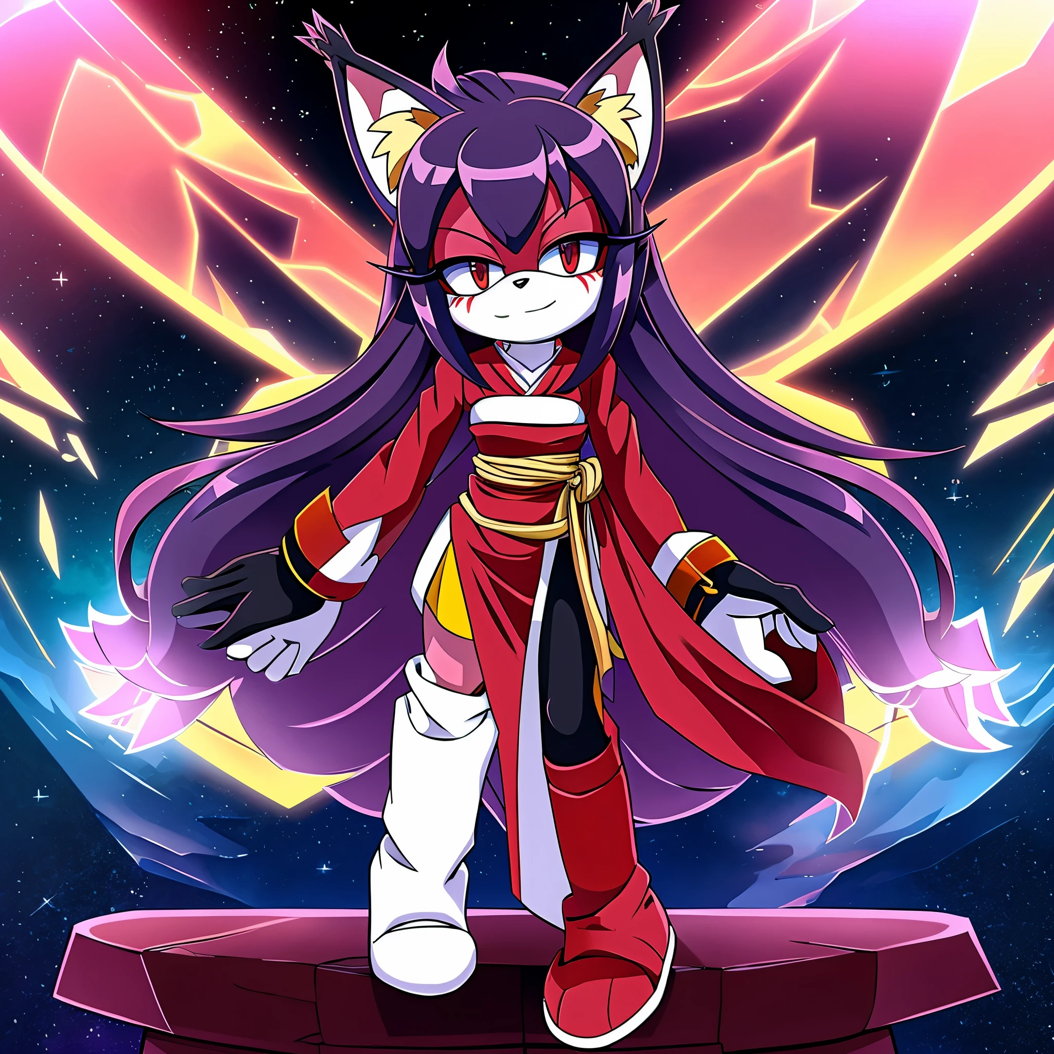 Susanoo the Lynx is a Female Mobian Character from the Series Super Sonic X Universe, she is a lilac furred lynx with black hair with bluish tones and short with strands. The area around the mouth is white, the tips of her ears are black and she has black markings on the face being one above the nose and two others being one on each cheek. She has red eyes and red makeup on the eyelids. She wears a white long-sleeved kimono with red markings on her arms and a long red skirt. She has a dark lilac rope at her waist, black open stocking which expose her paw toes, and the vest of the gods which is black with yellow edges in the area of the neck and arms, (((2D Anime Style)))