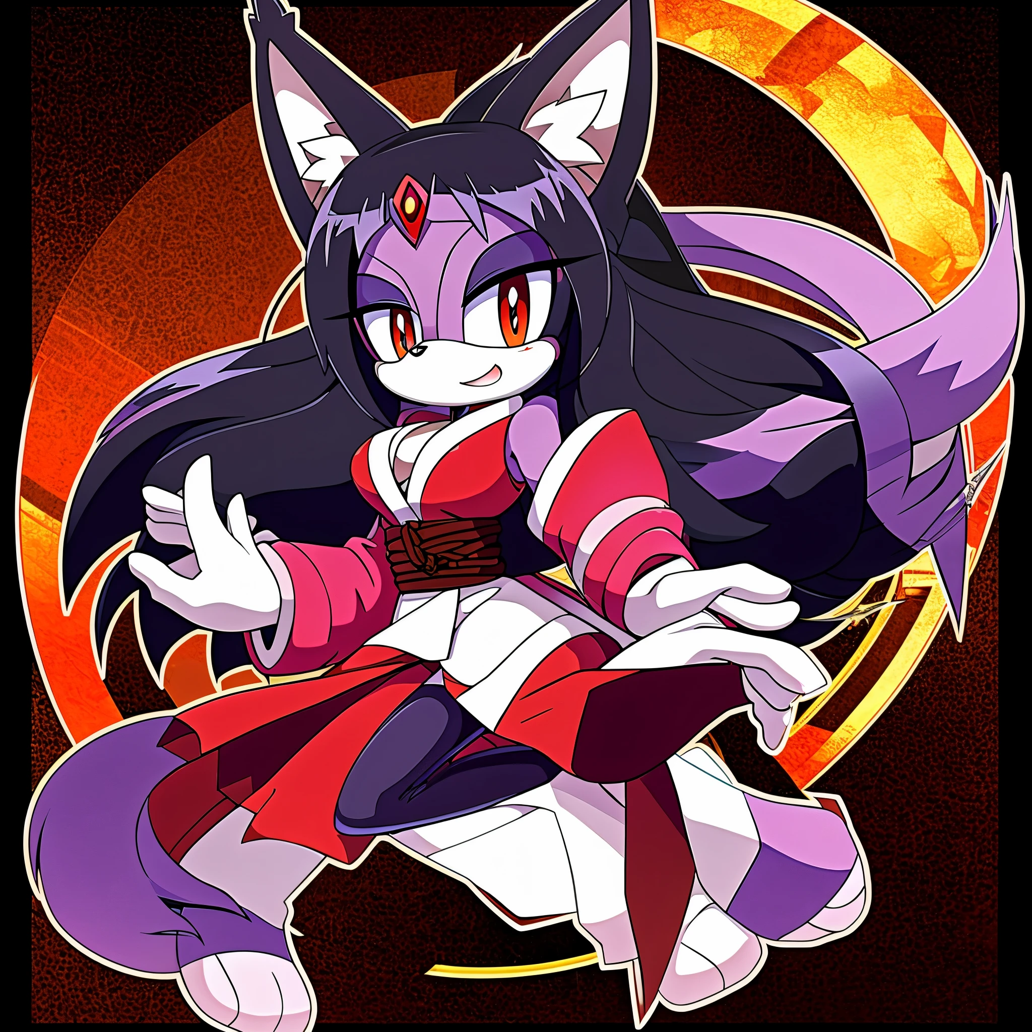 Susanoo the Lynx is a Female Mobian Character from the Series Super Sonic X Universe, she is a lilac furred lynx with black hair with bluish tones and short with strands. The area around the mouth is white, the tips of her ears are black and she has black markings on the face being one above the nose and two others being one on each cheek. She has red eyes and red makeup on the eyelids. She wears a white long-sleeved kimono with red markings on her arms and a long red skirt. She has a dark lilac rope at her waist, black open stocking which expose her paw toes, and the vest of the gods which is black with yellow edges in the area of ​​the neck and arms, (((2D Anime Style)))