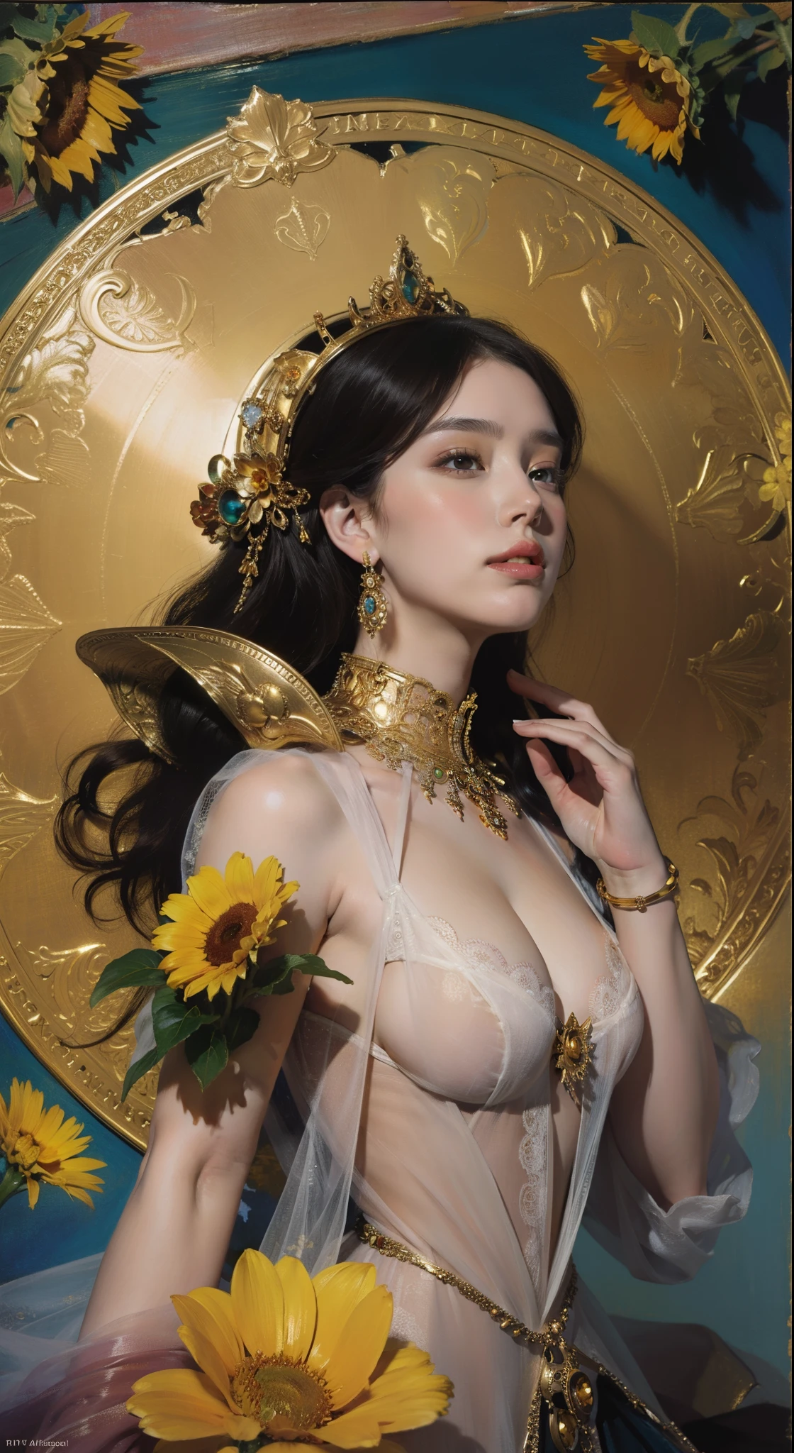 (masterpiece, top quality, best quality, official art, beautiful and aesthetic:1.2), (1girl), extreme detailed,(fractal art:1.3),colorful,highest detailed chiaroscuro technique on painting of a woman holding a bouquet of sunflowers in front of a golden background, hyperrealistic art nouveau, chie yoshii, andrey remnev, by Yamagata Hiro, mucha klimt and tom bagshaw, inspired by J. C. Leyendecker, inspired by J.C. Leyendecker, inspired by James C. Christensen, money everywhere