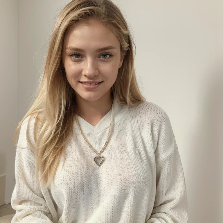 ((best quality)), ((masterpiece)), (detailed), portrait, perfect face, (mikayla demaiter), Beautiful girl posing, wearing white sweater and white sweat pants, high resolution, realistic, beautiful smile, baeutiful blonde hair