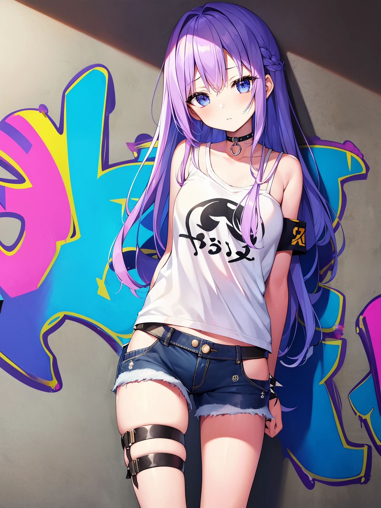 disorganized、highest quality、1 girl、solo、striped hair、crop top、Denim Shorts、choker、(graffiti:1.25)、Paint Splatter、Arms back and back、(leaning forward)、Leaning back、leaning against the wall、(leaning sideways:0.125) )、sight、armband、thigh strap、rainbow colored hair、Paint on the body、upward facing eyes、Head down、tilt your head、(From the side:1)、(Expressionless:0.75)、rum \(rumダヨ\)、diffraction spike、