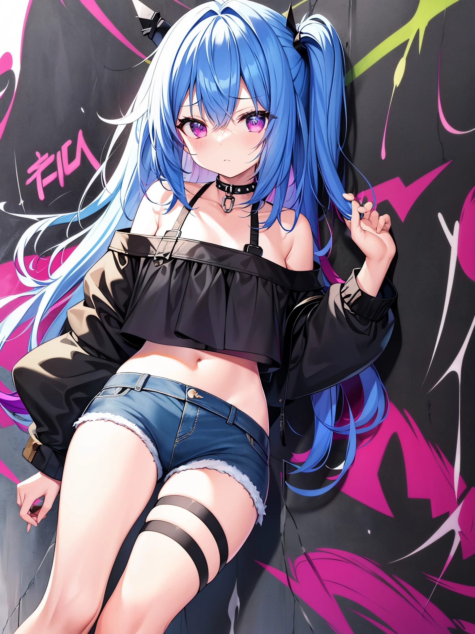 disorganized、highest quality、1 girl、solo、striped hair、crop top、Denim Shorts、choker、(graffiti:1.25)、Paint Splatter、Arms back and back、(leaning forward)、Leaning back、leaning against the wall、(leaning sideways:0.125) )、sight、armband、thigh strap、rainbow colored hair、Paint on the body、upward facing eyes、Head down、tilt your head、(From the side:1)、(Expressionless:0.75)、rum \(rumダヨ\)、diffraction spike、