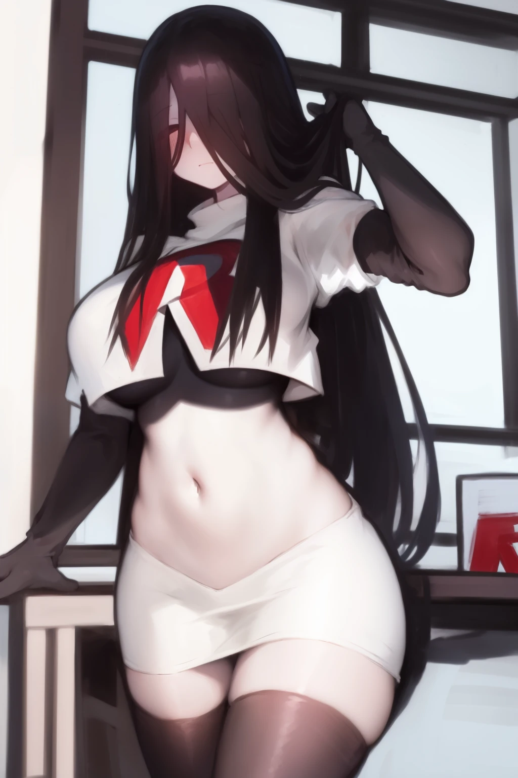 masterpiece, detailed, high quality, absurdres, sadako, (hair over eyes), pale skin, blush, large breasts, curvy, navel, stomach, groin, team rocket,team rocket uniform, red letter R, white skirt,white crop top,black thigh-highs, black elbow gloves,