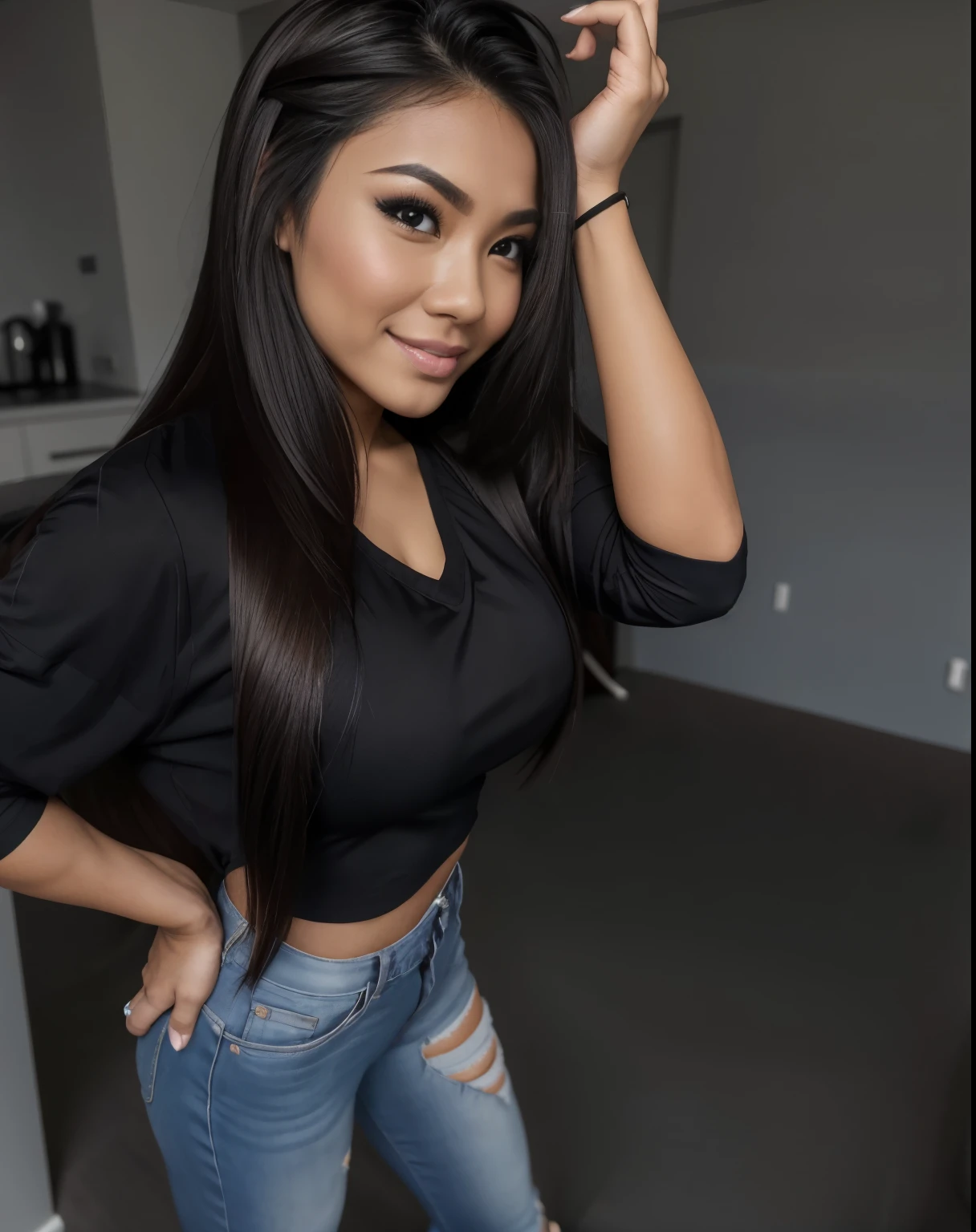 Young Thai woman, fit physique, fitness physique, wearing sexy black lingerie sitting on the couch with legs open, corps sexy, (8K), (best quality), (chef-d&#39;artwork:1.3), (Realistic), (photorealistic:1.34), Ultra-detailed, [Beautiful detailed eyes], (sourire), (sourire), (beautiful nose detailed), [very long blonde hair], (haut court), lingerie noire, (superbes seins taille normale), (Gros plan), Profondeur de champ, full body view, sitting on sofa, legs spread, montrant l&#39;entrejambe, pieds en l'air