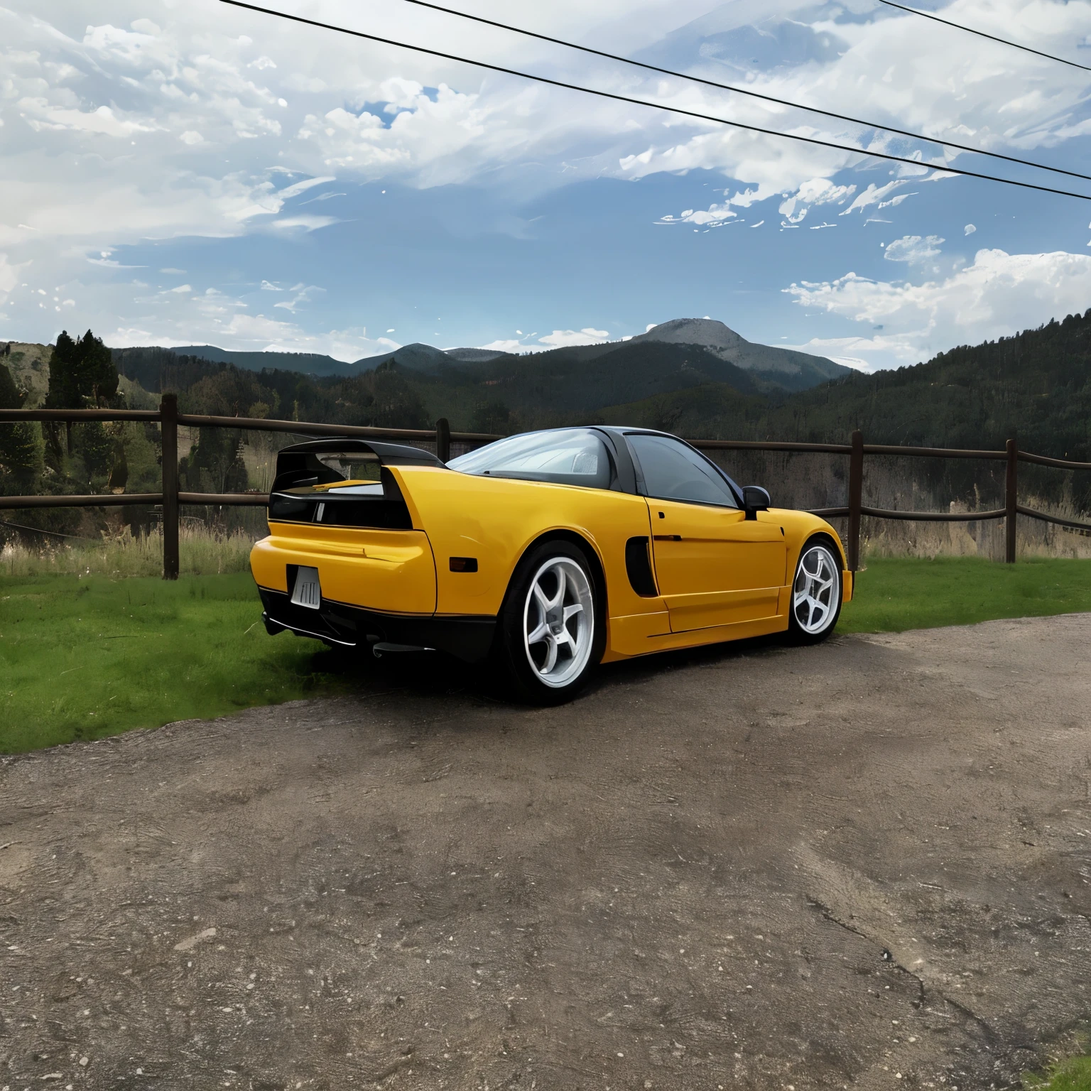 arafed yellow sports car parked on a paved road near a fence, honda nsx, front side views full, front side view full sheet, shot from the side, front side full, side perspective, profile perspective, sideview, views front side and rear, side front view, front top side view, profile view perspective, american animation style