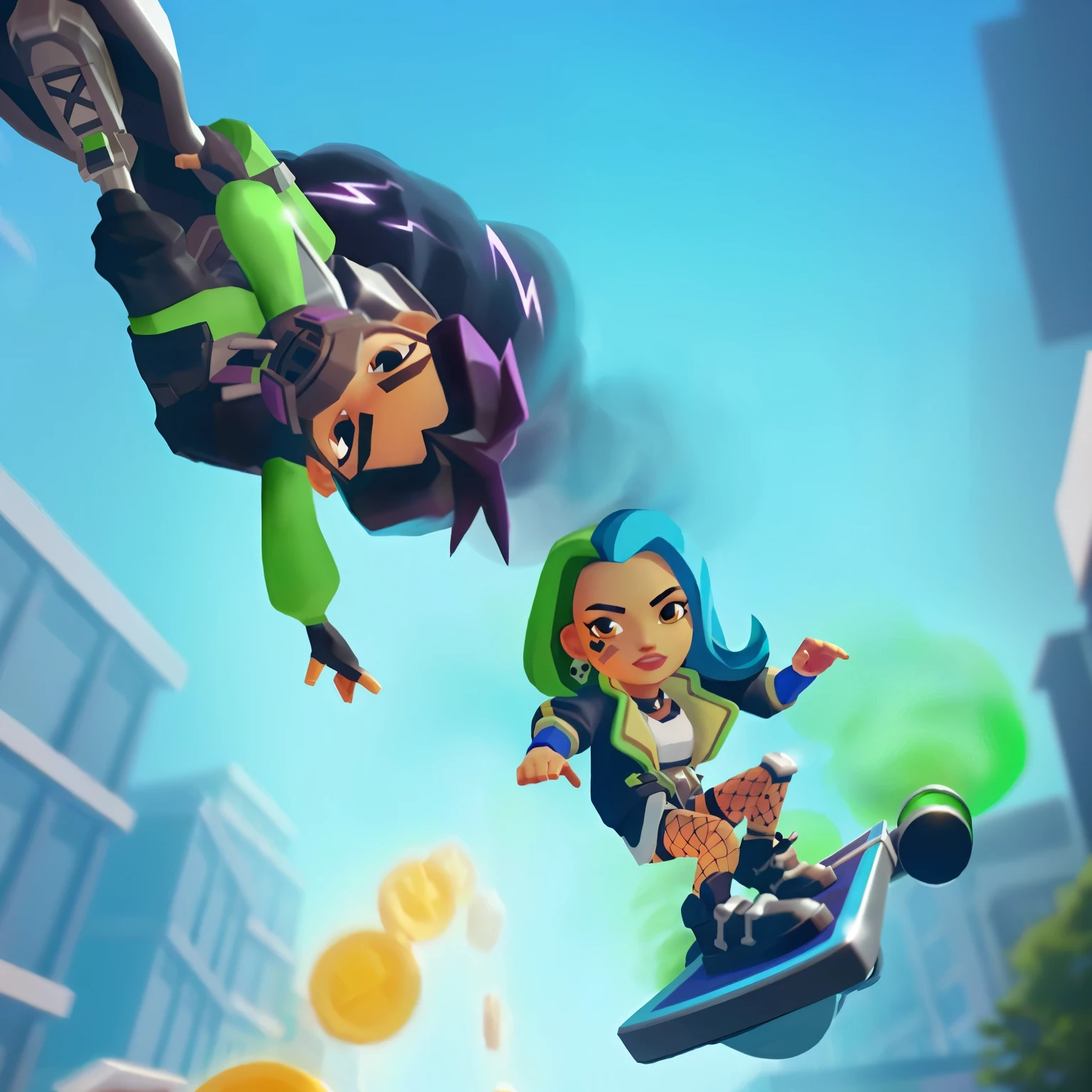 um close de duas pessoas andando de skate em uma cidade, rolagem lateral game, game illustration, mobile arte do jogo, Arte estilizadae do jogo, jogo para celular, jogabilidade ainda, Arte estilizada, rolagem lateral, arte do jogo, next generation, arte oficial, captura de tela do jogo, kda, Jogo 2D, action game, arte digital estilizada, jogo de plataforma