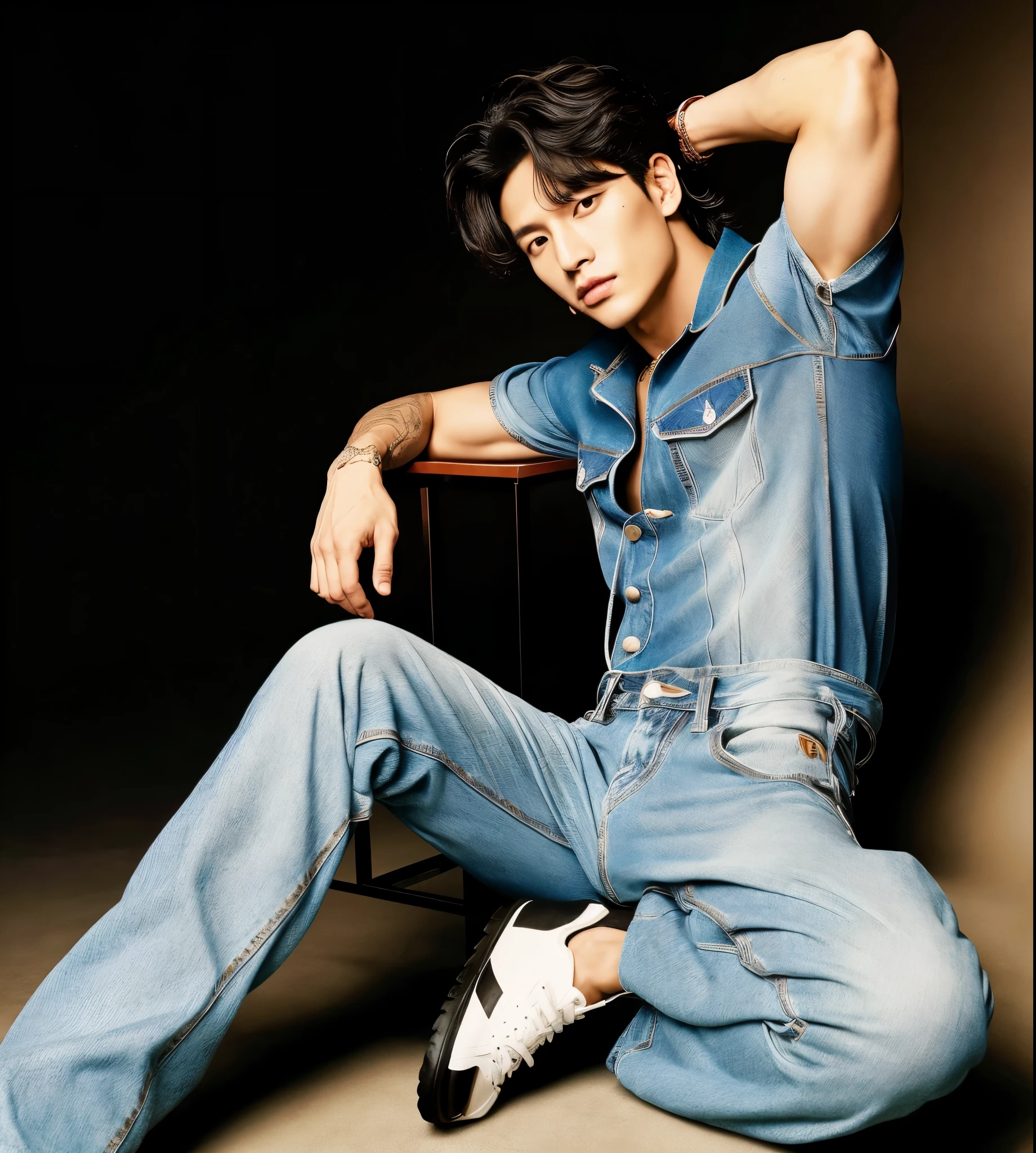hombre araffed sentado en un taburete con los brazos cruzados, hyung tae, Vaqueros holgados, cai xukun, para gq, pose genial, very pose genial, con una camisa y un jean, haciendo una pose majestuosa y caliente, pose fuerte, inspired by Adam Dario Keel, steven jung, editorial oficial de versace, bts jungkook, jungkook bts, jeon jungkook