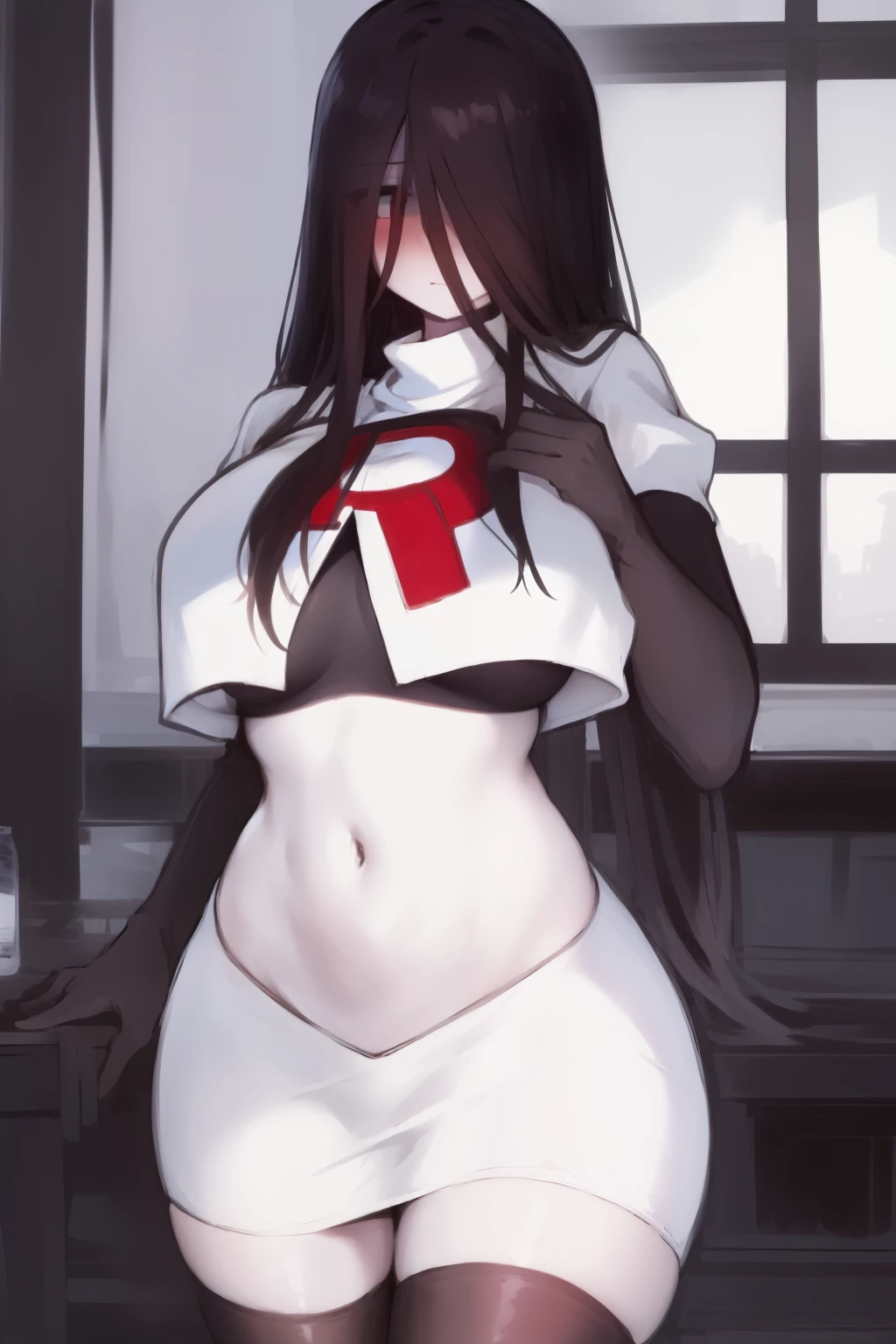 masterpiece, detailed, high quality, absurdres, sadako, (hair over eyes), pale skin, blush, large breasts, curvy, navel, stomach, groin, team rocket,team rocket uniform, red letter R, white skirt,white crop top,black thigh-highs, black elbow gloves,