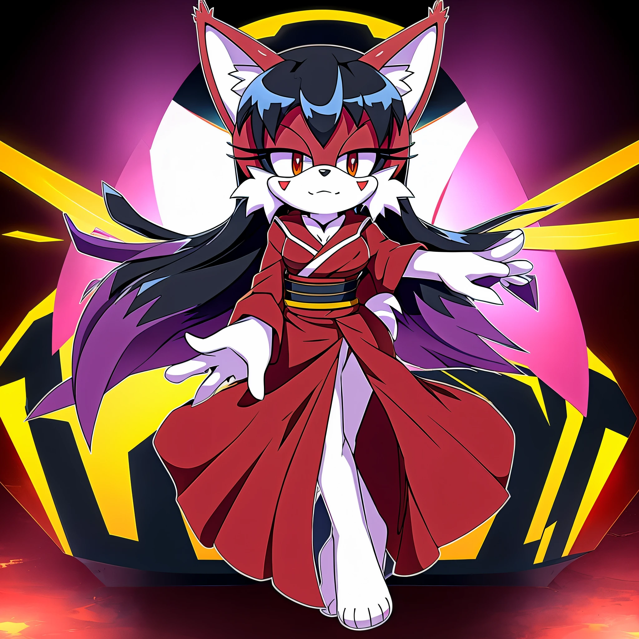 Susanoo the Lynx is a Female Mobian Character from the Series Super Sonic X Universe, she is a lilac furred lynx with black hair with bluish tones and short with strands. The area around the mouth is white, the tips of her ears are black and she has black markings on the face being one above the nose and two others being one on each cheek. She has red eyes and red makeup on the eyelids. She wears a white long-sleeved kimono with red markings on her arms and a long red skirt. She has a dark lilac rope at her waist, black open stocking which expose her paw toes, and the vest of the gods which is black with yellow edges in the area of the neck and arms, (((2D Anime Style)))