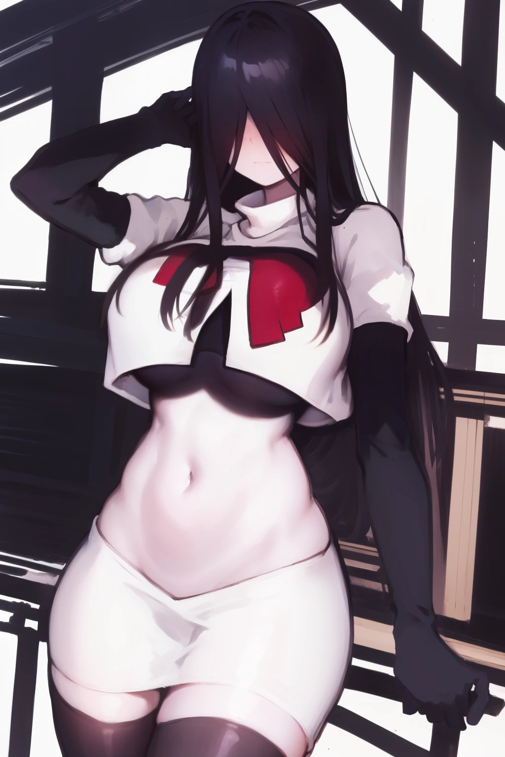 masterpiece, detailed, high quality, absurdres, sadako, (hair over eyes), pale skin, blush, large breasts, curvy, navel, stomach, groin, team rocket,team rocket uniform, red letter R, white skirt,white crop top,black thigh-highs, black elbow gloves,