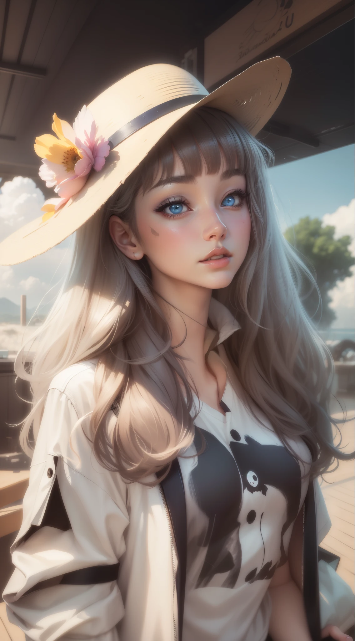 Beautiful woman with long white hair, artwork in the style of guweiz,beautiful blue eyes,realistic anime artstyle, white t top as shirt, small breast,realistic anime art style, anime realism style, kawaii realistic portrait, digital art ilya kuvshinov, realistic anime 3 d style, beautiful anime portrait,8k resolution, bright sunny day,