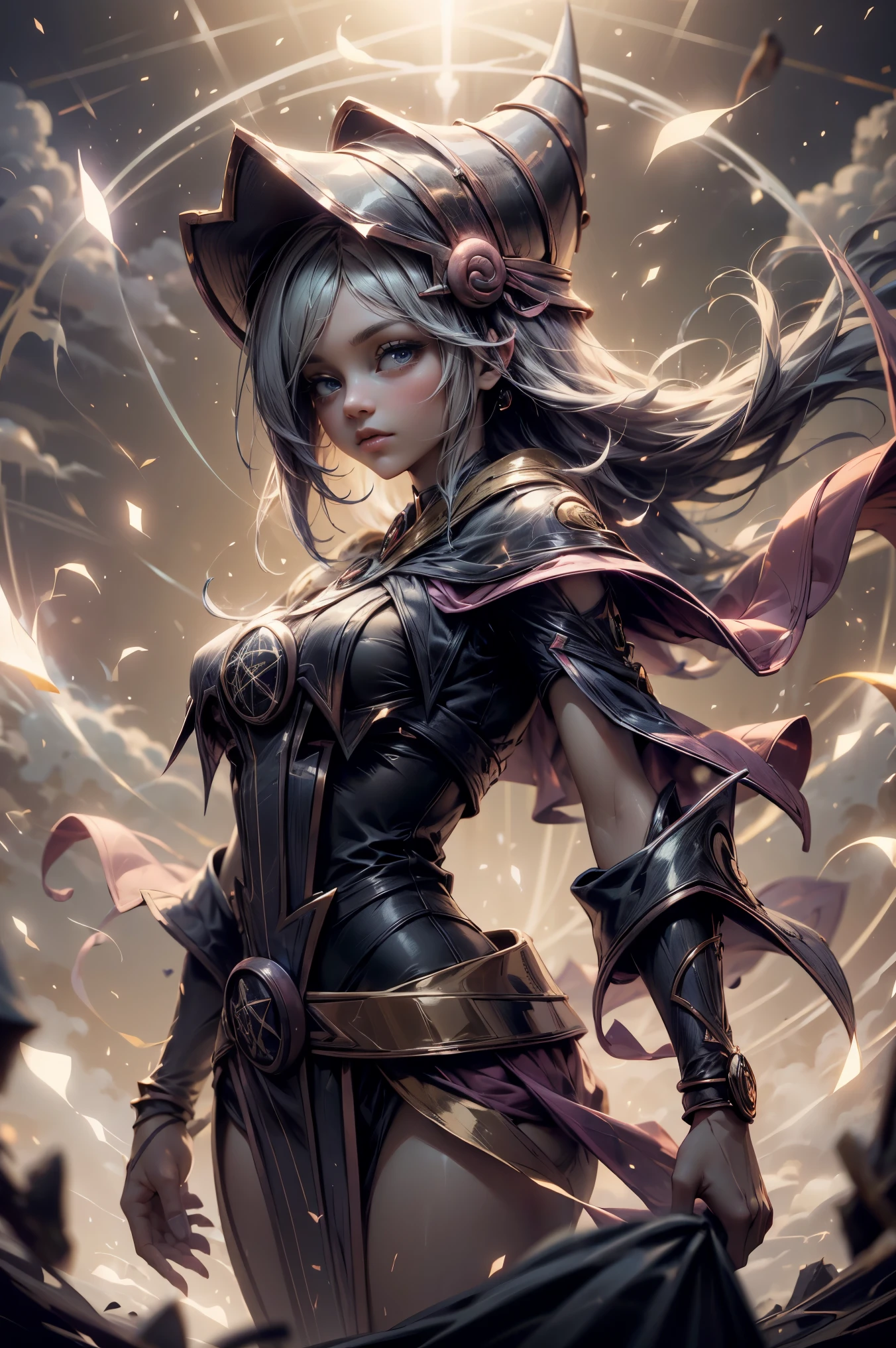 (Obra maestra:1.2), (La mejor calidad:1.2), Perfect lighting, Chica Maga Oscura lanzando un hechizo, In his twenties, flotando en el aire, tetas grandes, escote, blue robe, sombrero grande, desde arriba, Destellos, Yugioh juego, Magic of the Heart. Heart lights, Romantic Heart