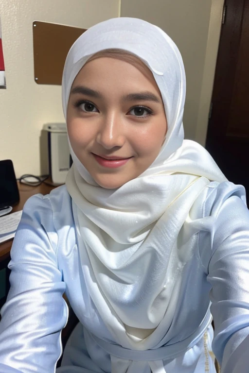 ((malay beatiful girl:1.3)) ((baju kurung:1.4)),floral pattern baju kurung, white long hijab,((office)), ((in the office:1.3)) ((thin satin fabric:1.4)) ((random sexy pose:1.3)) ((sweaty:1.5))((face is flushed:1.4)) (firm round breasts:1.4)) ((close-up:1.2)) best quality,masterpiece,ultra high res,(photorealistic:1.4),raw photo,(Authentic skin texture:1.3),(film grain:1.3),panorama,character portrait,very wide shot,narrow waist,cowboy shot,(in the dark, deep shadow, low key, cold light,) night,dust,Tyndall effect,(expression),1girl,beautiful detailed eyes and face,white jabot,brown eyes,((brown hair:1.2)) ((full body:1.3)) ((seductive smile:1.3))