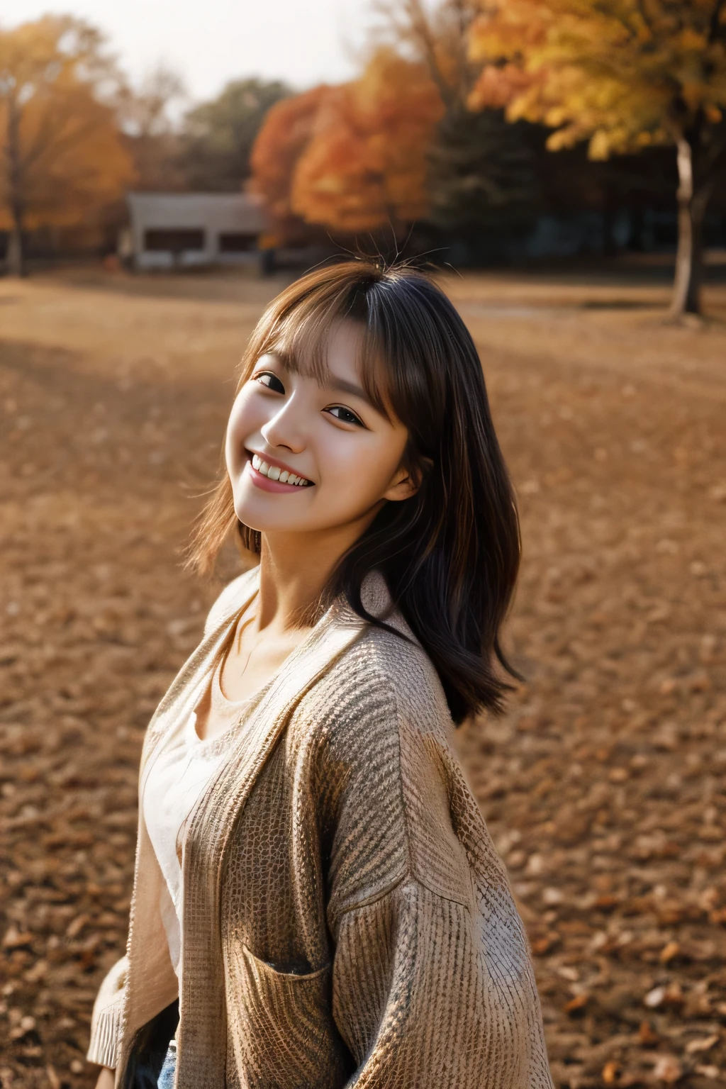 masterpiece、highest quality、(beautiful korean woman)、detailed description、1 girl、23 years old、(cardigan:1.1)、autumn's、cowboy shot、angle from above、(movie, Ilford HP5, 80mm)、smile