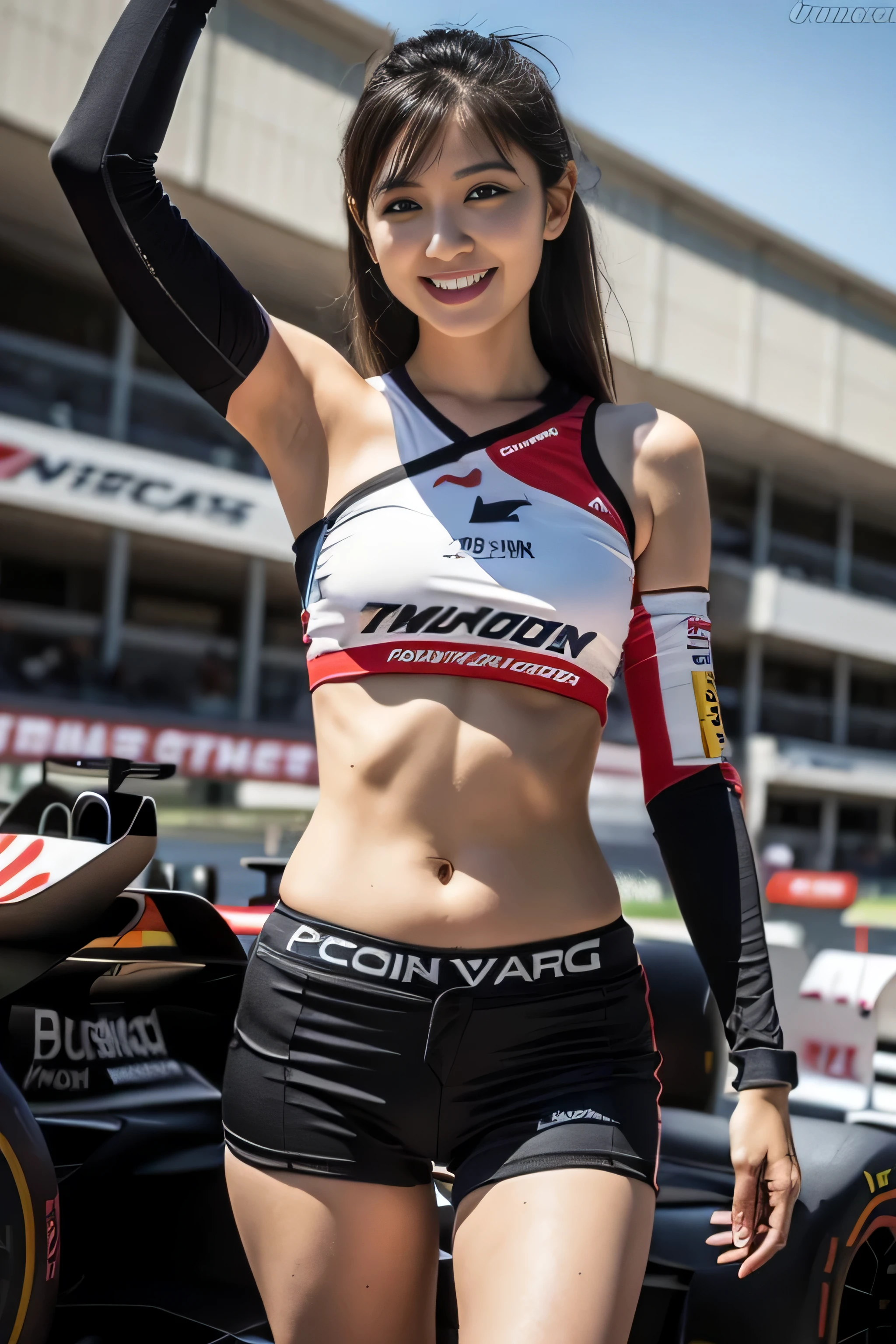 (((one shoulder gridgirl costume))),(((midriff peek))),(((show underboob ))),(((bare inner thigh))),(((show Formula One car))),ulzzang-6500-v1.1, (Raw photo:1.2), (Photo realistic:1.4), a beautiful detailed girl, extremely detailed eye and face, beautiful detailed eyes, ultra-detailed, High resolution, top-quality, masterpiece, highly detailed, 8k wallpaper, Wonderful, finely detail, top-quality, Light on the face,灯光,1girl in,(auto race track),Beautiful eyes,smile,Opening Mouth