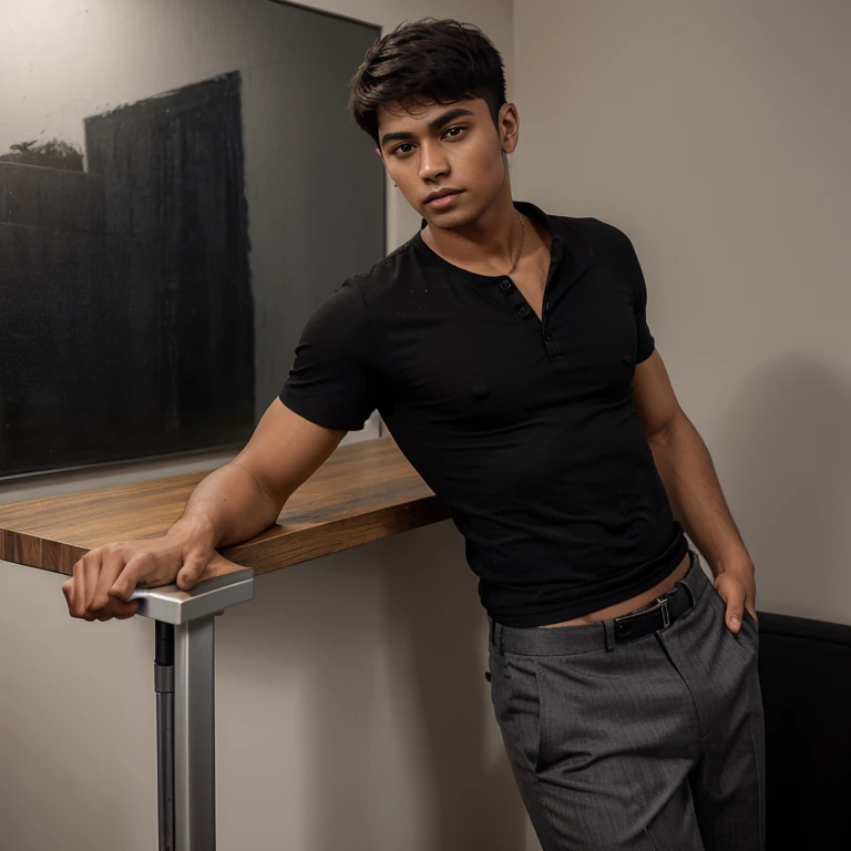 a 19 year old man in a black casual shirt and grey pants posing for a picture, wearing a black button up shirt, lean body type with brown tan skin, lean body type, short hair, 19 year old indian male, full body portrait shot, wearing a black shirt, mid-shot , wearing black shirt, young man with short hair, medium shot portrait, short combed hair, office look, lean body