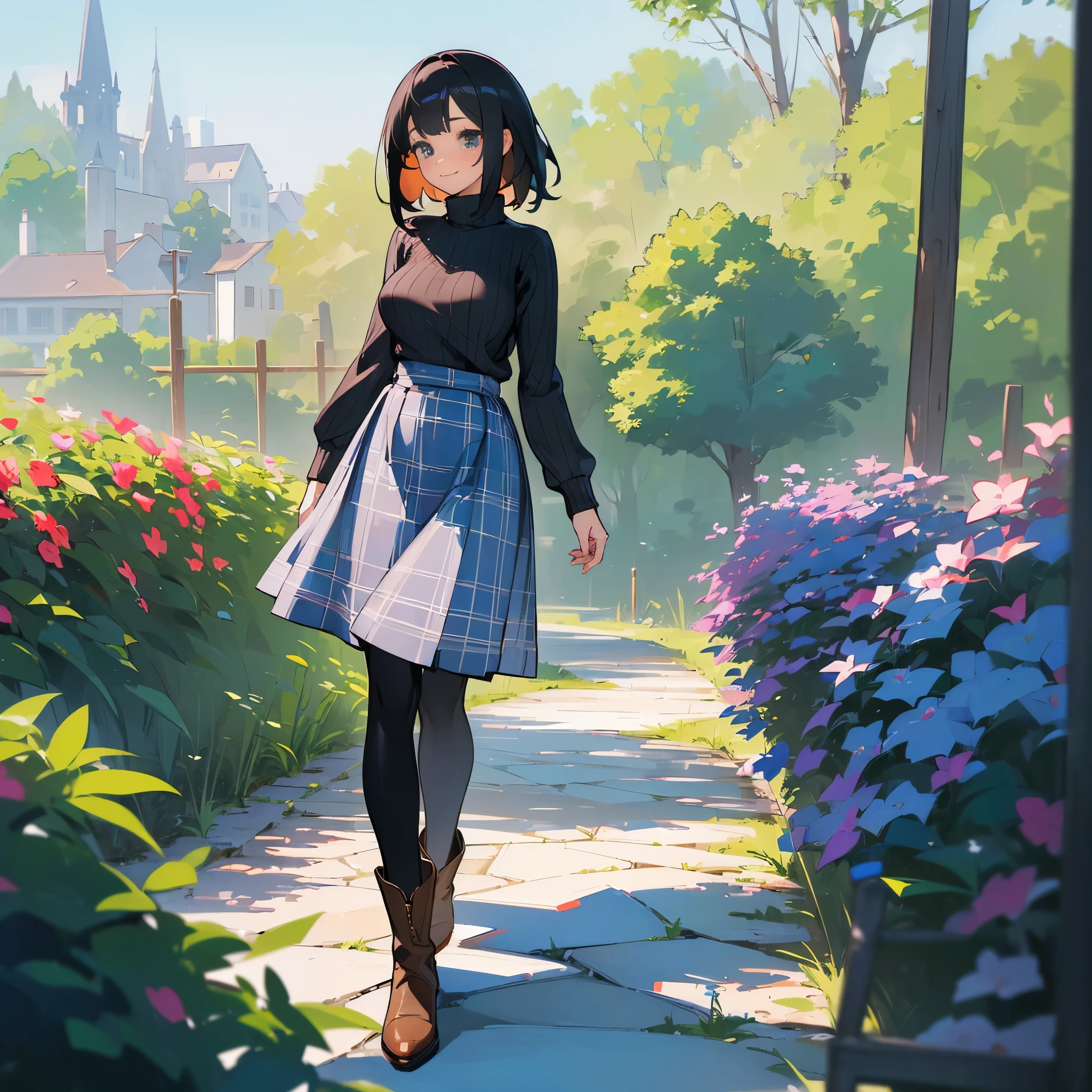 (high quality, high resolution, Super detailed, Reality:1.37), peaceful atmosphere, (outdoor, garden),  girl standing alone, (My breasts are big.), Beautiful detailed features, cute smile, (black bob hair), ribbed sweater, blue plaid skirt, Black tights, brown boots.