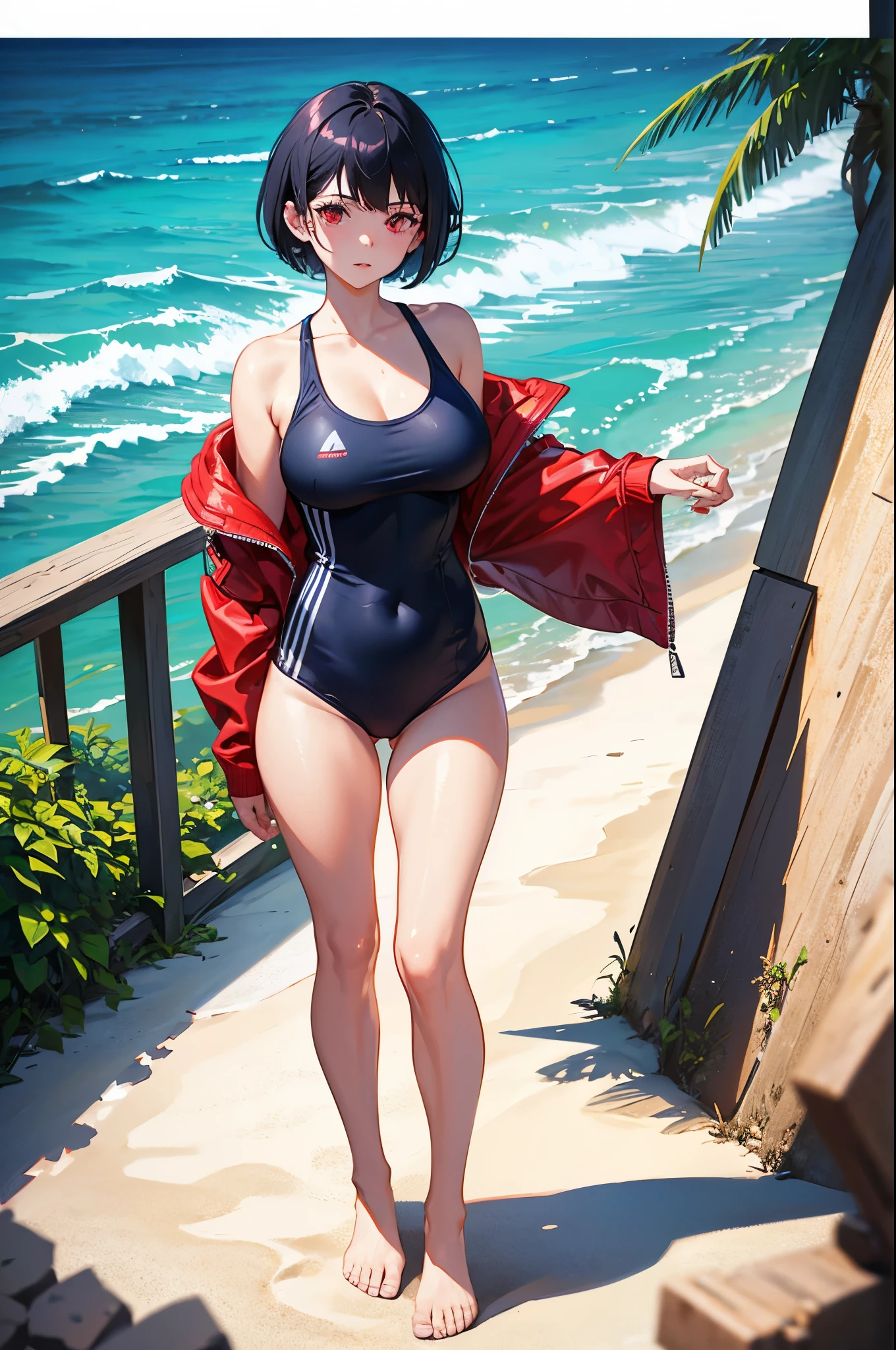 1woman, navy hair, short hair, red eyes, swimsuit, beach, standing on ground, high res, ultra sharp, 8K, masterpiece