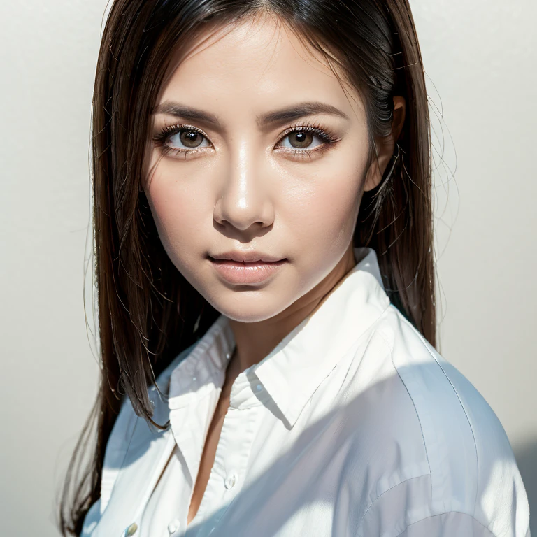 front view, looking at camera, RAW photo, ((white shirt: 1.2)), ((portrait)), beautiful black hair, 30 year old woman, light eyes, perfect eyes, ((white background: 1.2)), studio lighting, high quality, film grain, Fujifilm XT3, centered
