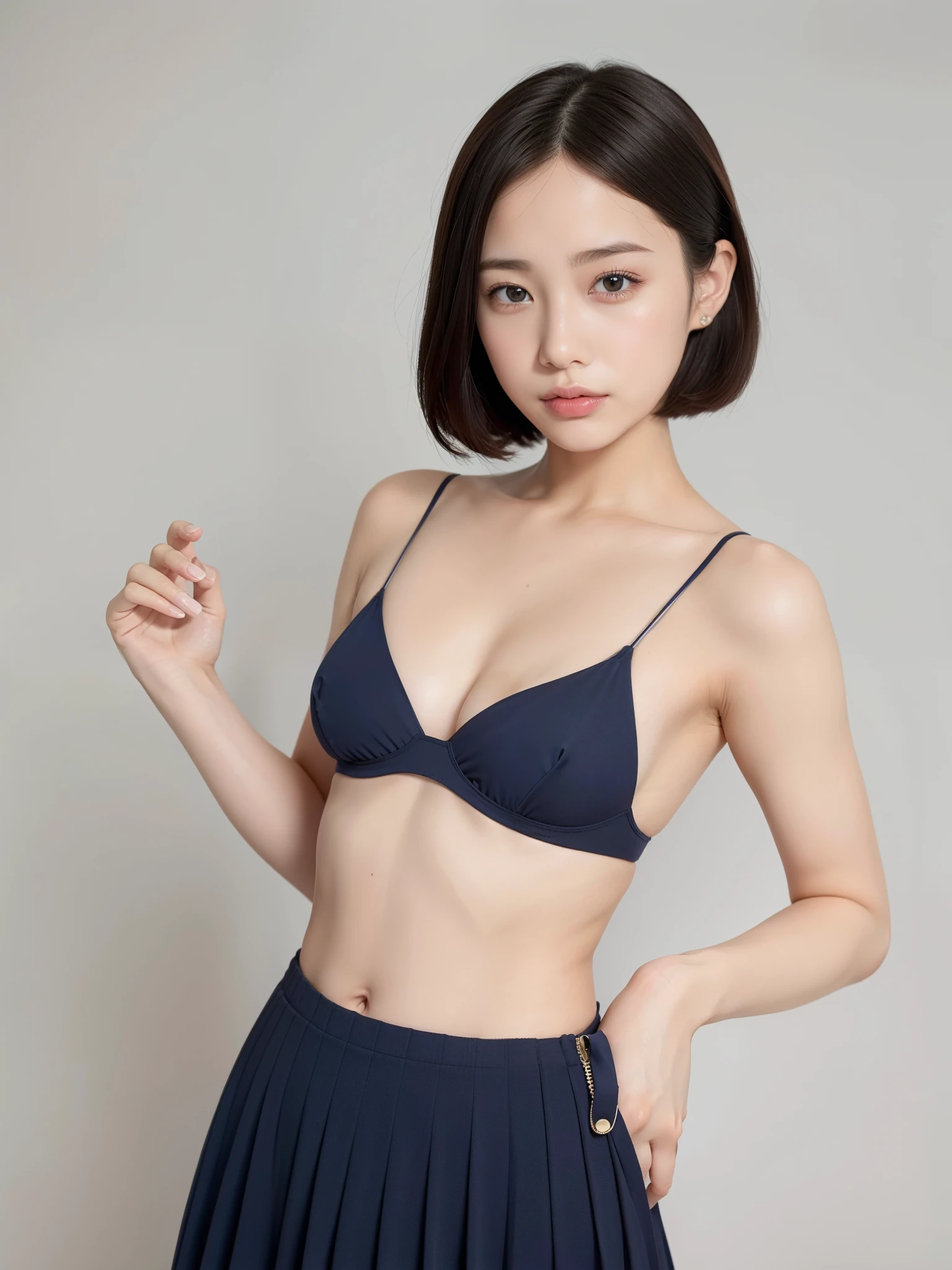 navy bra top, Skirt, ((of the highest quality, 8K, masutepiece: 1.3, Raw photo)), Sharp Focus: 1.2, (1 AESPA Girl :1.1), (Solo: 1.18), (Realistic, Photorealistic: 1.37), (Face Focus: 1.1), Cute face, hyperdetailed face, Short messy hair, updo, (Small , flat : 1.3), standing, Thigh, (office room: 1.1), flower, 