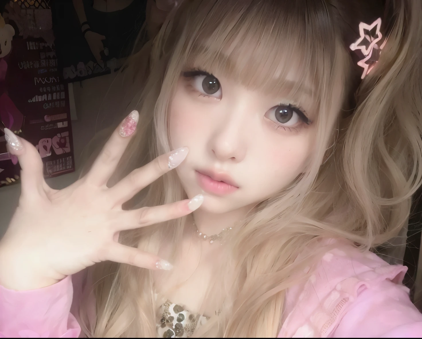 Chica araffe con pelo largo y rubio y camisa rosa con lazo rosa., bella delfina, parada cuatro *, kemonomimi, yami kawaii, japanese gyaru portrait, kawaii espeluznante, con pelo largo y ojos penetrantes, pelo largo y rubio y ojos grandes, cabello rubio y ojos grandes, shikami, sakimimichan