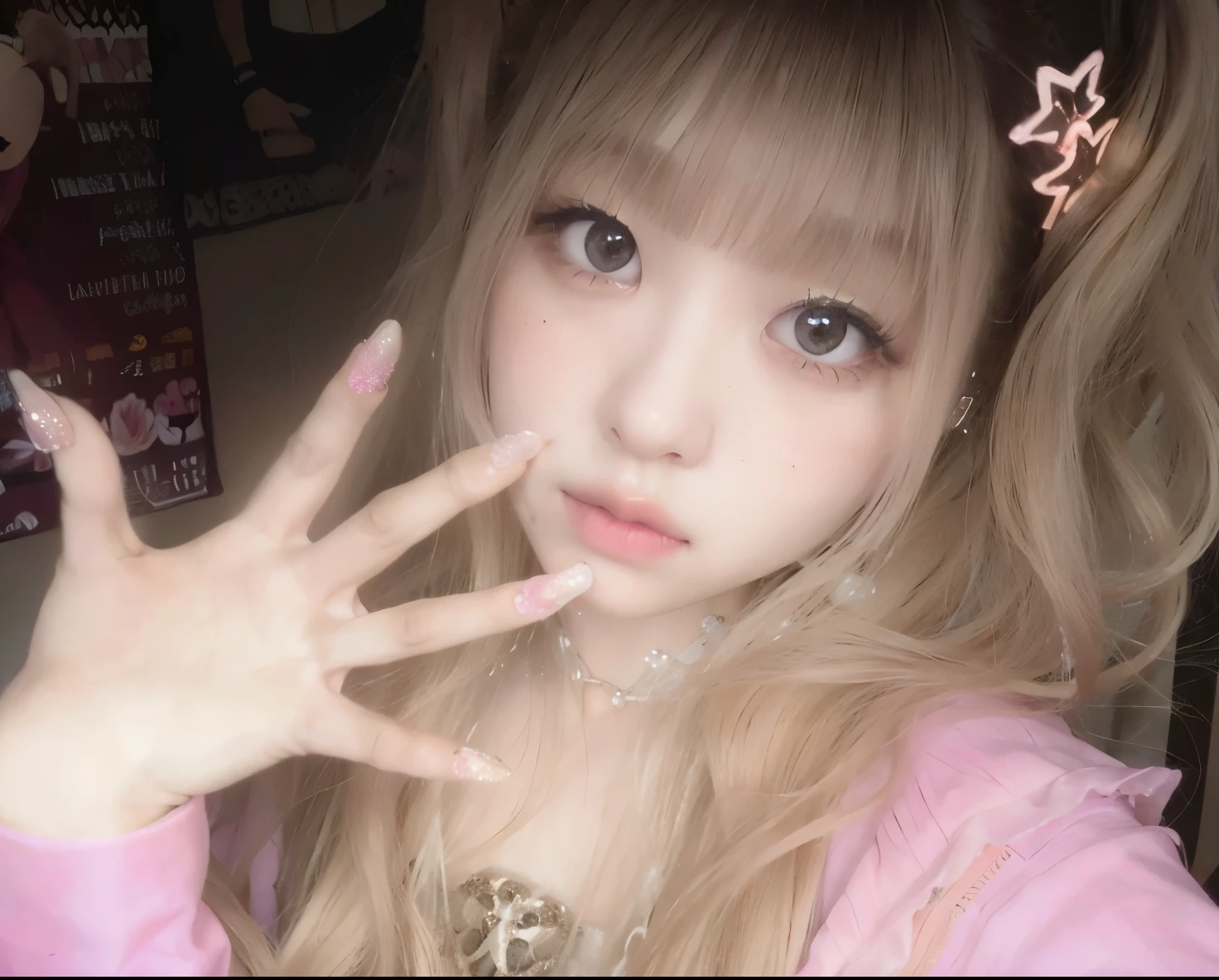 Chica araffe con pelo largo y rubio y camisa rosa con lazo rosa., bella delfina, parada cuatro *, kemonomimi, yami kawaii, japanese gyaru portrait, kawaii espeluznante, con pelo largo y ojos penetrantes, pelo largo y rubio y ojos grandes, cabello rubio y ojos grandes, shikami, sakimimichan