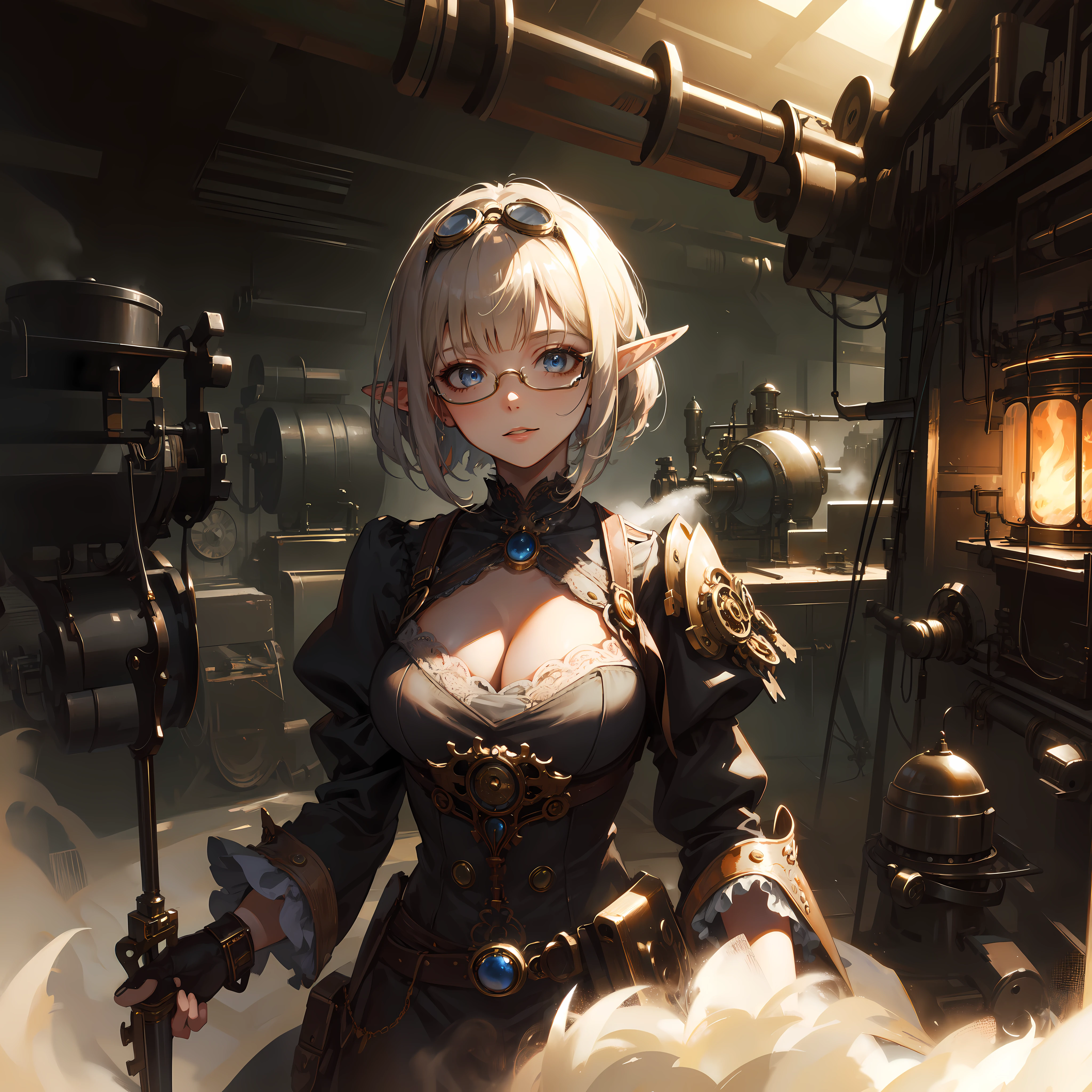 ((masterpiece )), (top quality), (best quality), ((ultra-detailed, 8k quality)), Aesthetics, Cinematic lighting, (detailed line art), Beautiful digital artwork, Exquisite digital illustration, absurdres,
BREAK,
beautiful elf girl using tools next to a desk, in a factory, Workshops, waterr pipe, water tank, 18 century, (steampunk helmet with goggles), steampunk_costume, (avairy coat), glasses, cell shading, cinematic dramatic atmosphere, high quality cell shaded illustration in Fantasy steampunk style by Yoji Shinkawa, detailed and intricate environment, artstation, concept art, Dynamic angle, fluid and sharp focus, by ((Mikimoto Haruhiko)),
BREAK,
(best shadow), intricate details, interior, dark studio, muted colors, key spring-enhanced, clockwork, bronze, copper, steel, dangerous, sharp, intricately detailed dramatic atmospheric, (steam punk), SteamPunkAI, CogPunkAI,
BREAK,
highly detailed of (elf), (1girl), perfect face, details eye, Bob cut hair, Blunt bangs, (hair between eye), blonde white hair, blue eyes, eyelashes, eyeshadow, pink eyeshadow, smile, design art by Artgerm, by Kawacy, By Yoshitaka Amano,
BREAK,
((perfect anatomy)), nice body, medium breast, (extremely detailed finger), best hands, perfect face, beautiful face, beautiful eyes, perfect eyes, (perfect fingers), correct anatomy,