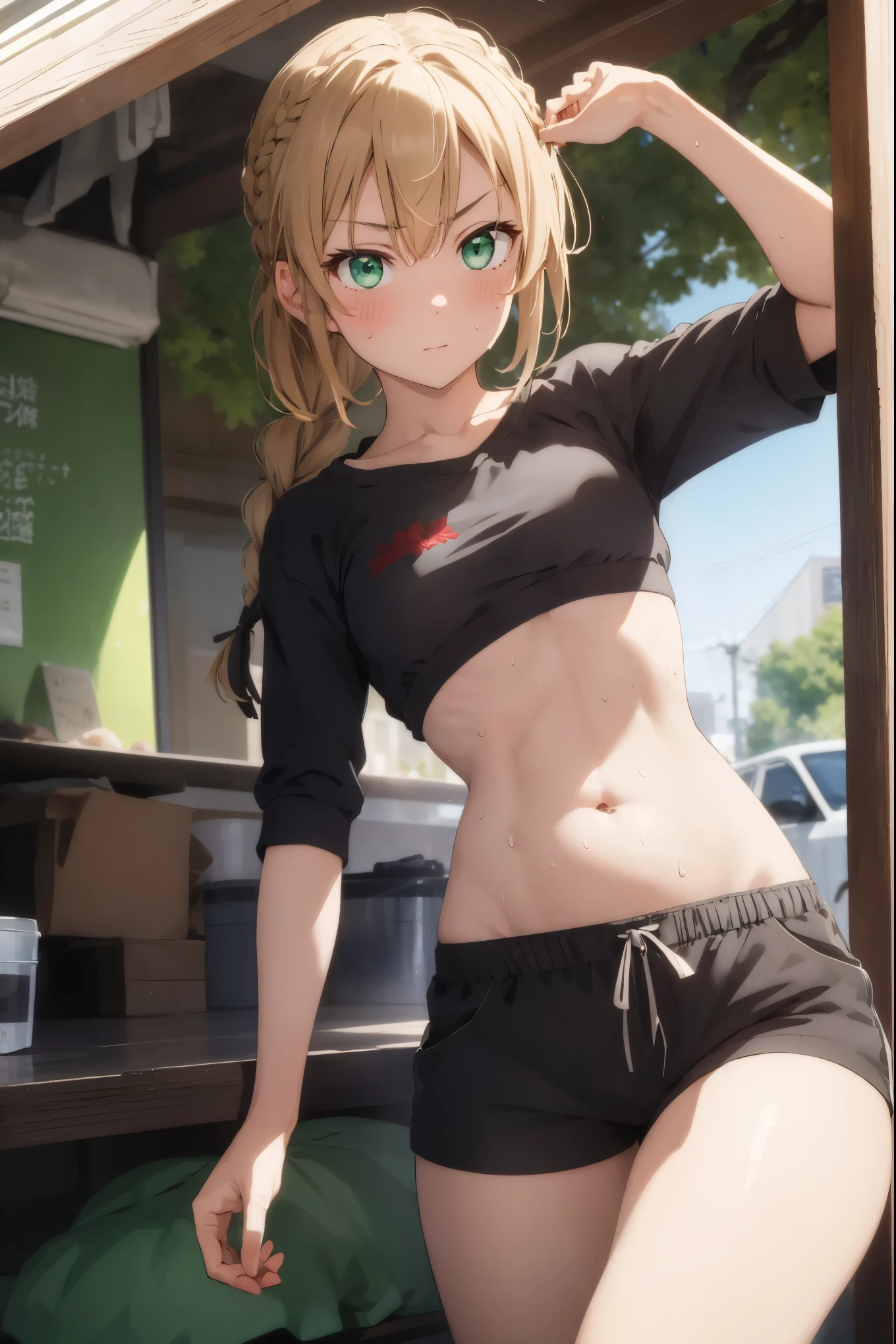 Beautiful, Masterpiece, Best Quality, extremely detailed face, Perfect lighting, mordred \(fate\), a 1girl, 独奏, Green eyes, braid, Worth, black shorts, Blush, collarbone, crop top, looking at viewer, Belly Button, abs, little chest, red shirt, Shirt, Short shorts, wide thighs, ass, sweat, sweatdrop,