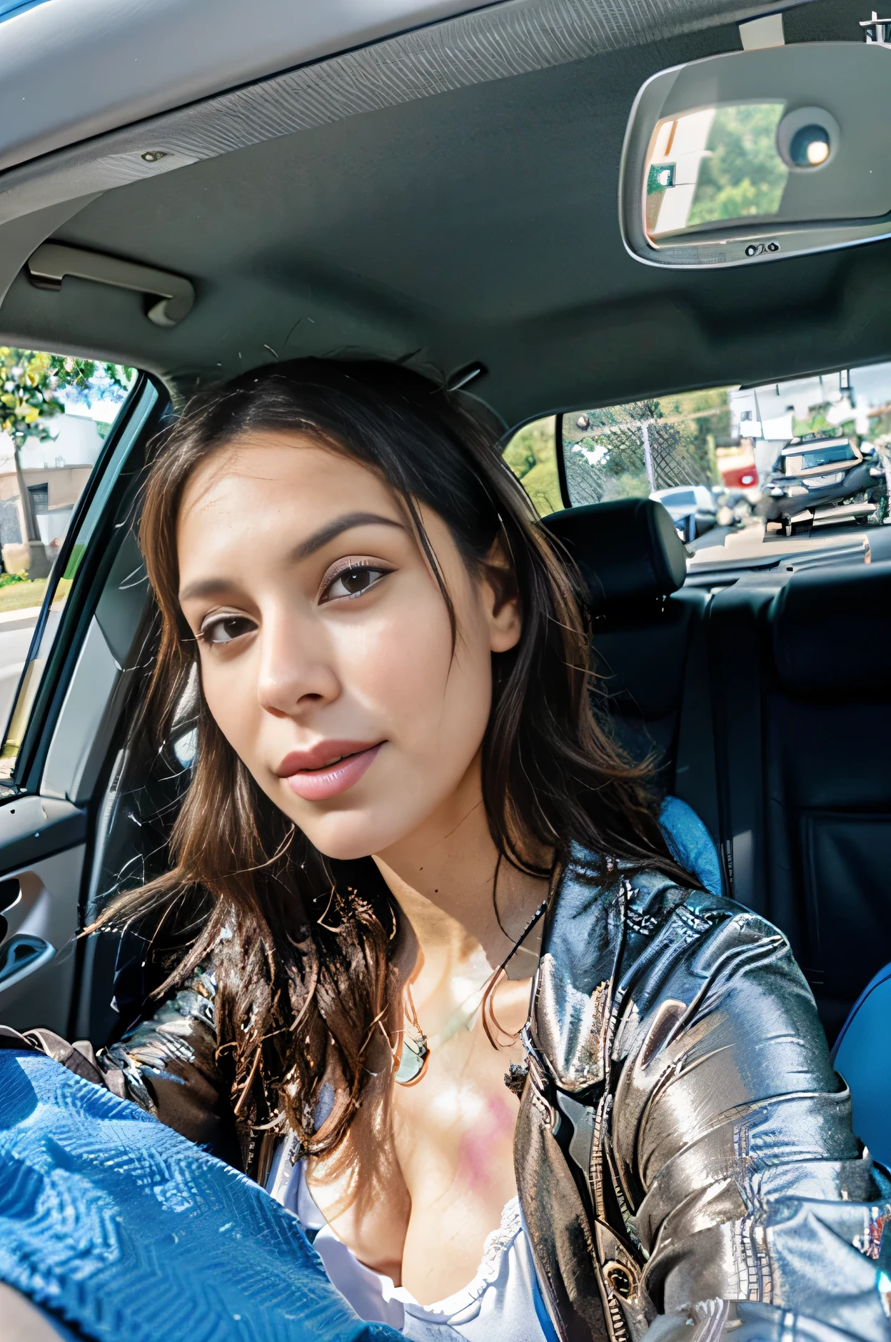 Hay una mujer sentada en un coche con un volante, 3 0 year old woman, 30 year old woman, 30 year old Cuban woman., 30 year old french woman, sin maquillaje, alani guillen, 32 years old, sentada en su auto, 36 years old, 28 years old