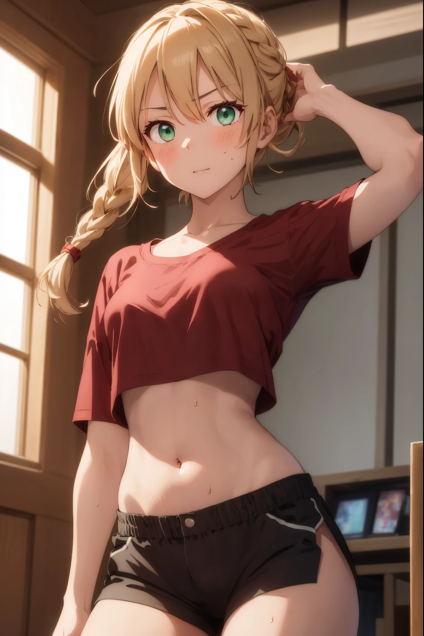 Beautiful, Masterpiece, Best Quality, extremely detailed face, Perfect lighting, mordred \(fate\), a 1girl, 独奏, Green eyes, braid, Worth, black shorts, Blush, collarbone, crop top, looking  at viewer, Belly Button, abs, little chest, red shirt, Shirt, Short shorts, wide thighs, ass, sweat, sweatdrop,