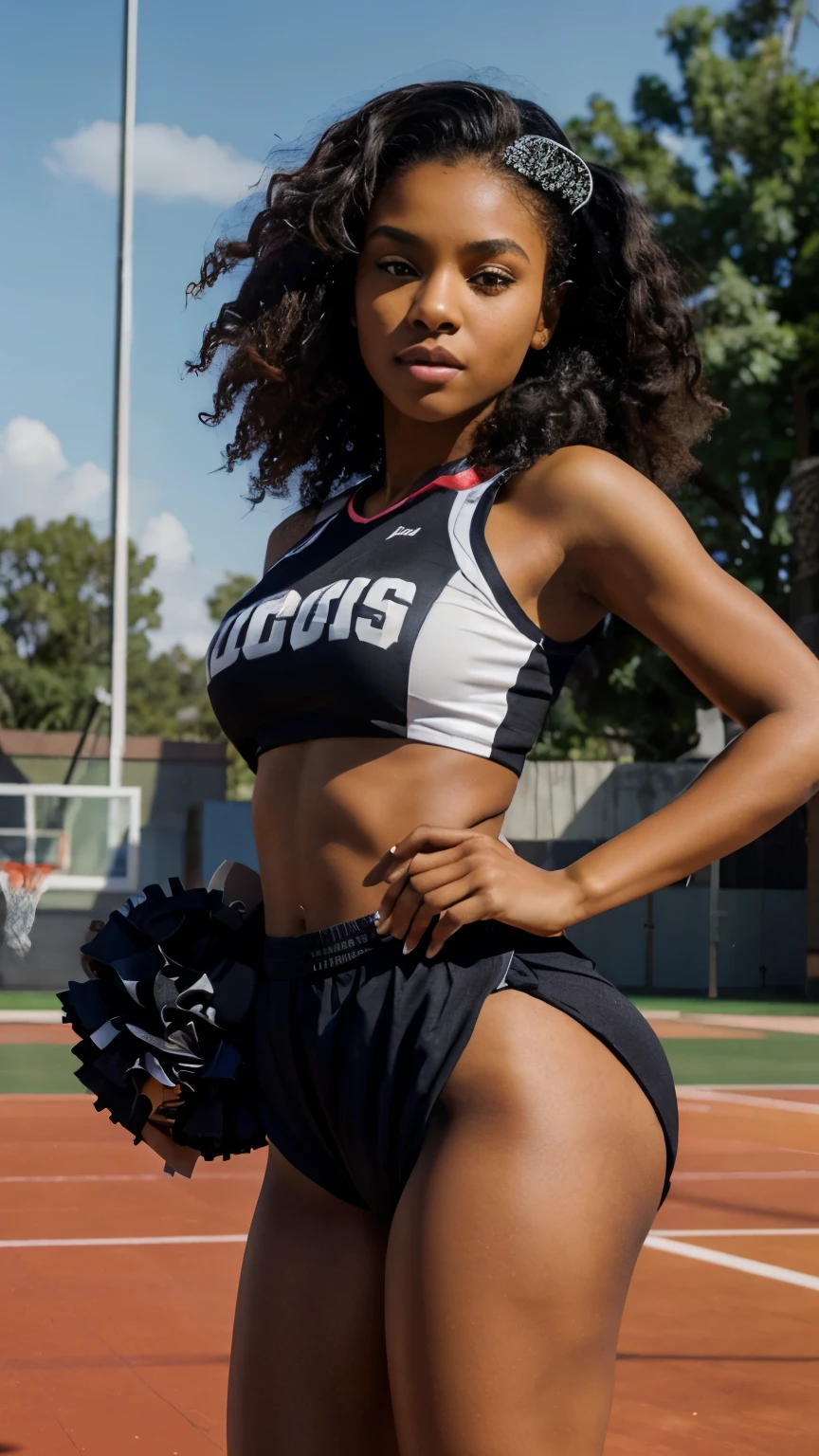 black woman, 19 years old, seductive, leggy, sexy body, dancer, curly hair, cheerleader, wearing cheerleading uniform, basketball court in the background, holding a pom-pom, standing with hands at side,8K , high quality, high detailed, detailed face, beauty eyes