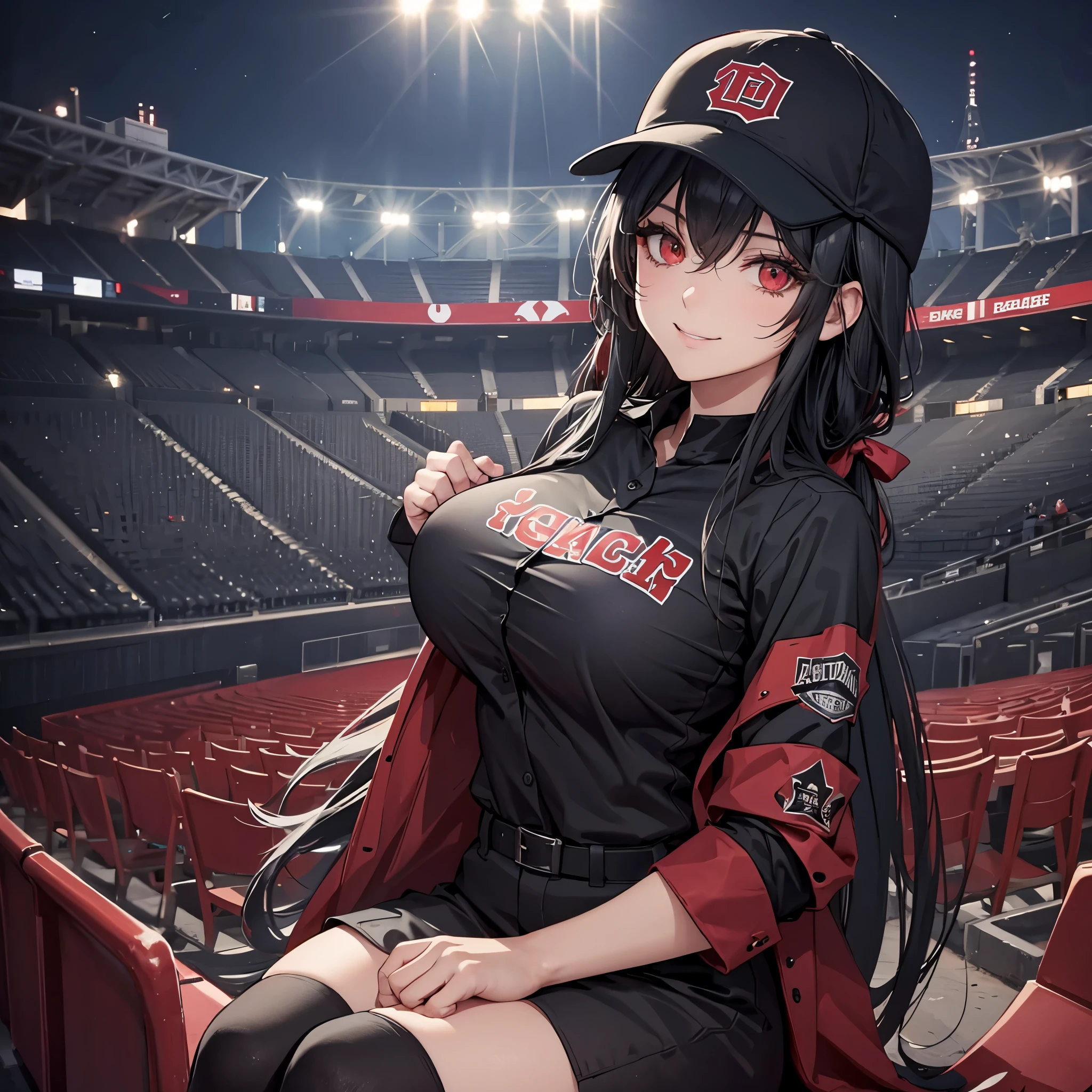 a woman in a black baseball uniform with red details, (red eye) smiles, big boobs, in an empty baseball stadium at night
