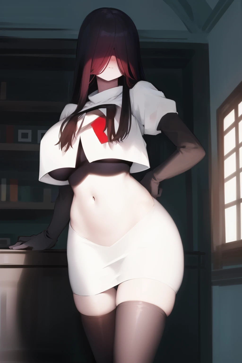 masterpiece, detailed, high quality, absurdres, sadako, (hair over eyes), pale skin, blush, large breasts, curvy, navel, stomach, groin, team rocket,team rocket uniform, red letter R, white skirt,white crop top,black thigh-highs, black elbow gloves,