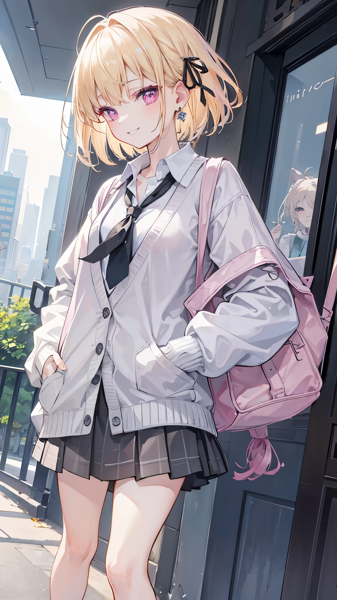 (8K、Highest image quality、highest quality、masterpiece)、detailed face、1 girl、blonde、very short hair、pink hairpin、pink eyes、earrings、evil smile、tooth、grin、small breasts、white shirt、ribbon tie、((gray cardigan))、black micro mini skirt、loafers、((Shooting from an angle))、put one's hand in one's pocket、lean on ironwork、city background