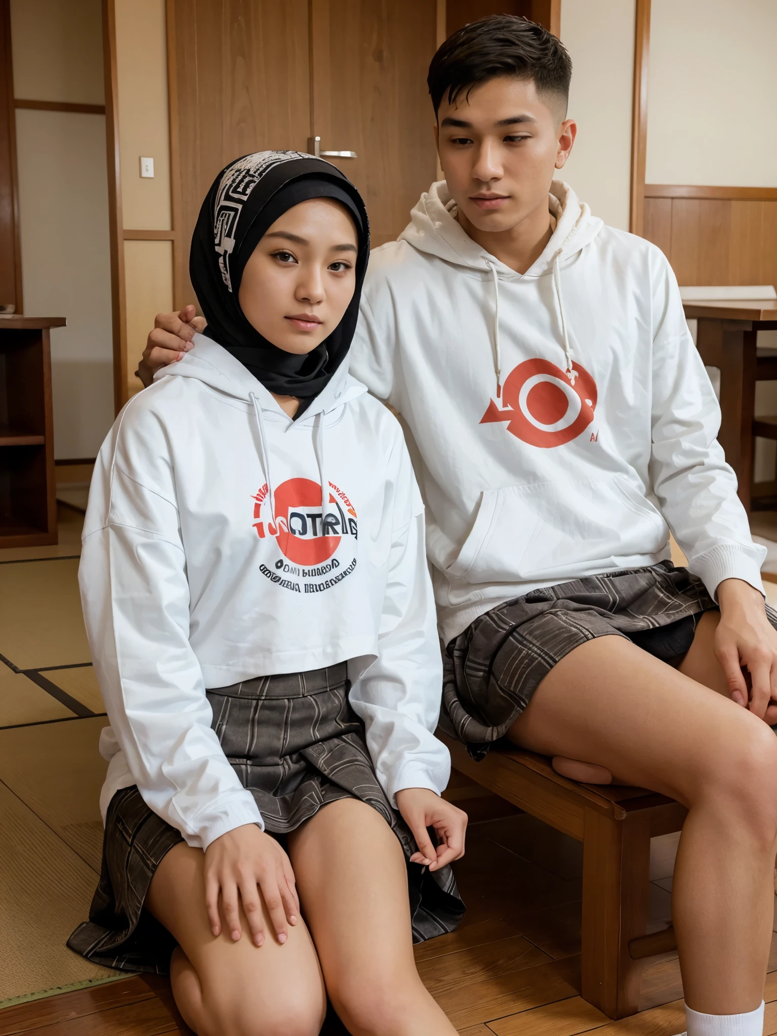 a young man with short hair wearing a white t-shirt with a Japanese icon logo is eating together with a beautiful girl wearing a hijab and wearing a hoodie jacket and wearing typical Japanese clothes wearing a long skirt with a typical Japanese batik pattern, sitting on the floor in a typical Japanese house and hands on the table.

