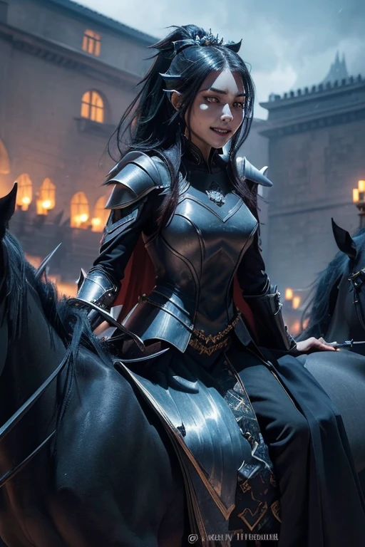 Extremely detailed CG unity 32K wallpaper, top quality, masterpiece, raw photo, photorealistic, highest resolution, professional photo, dynamic, cinematic lighting, (fantasy:1.4), sharp focus, depth of field, (perfect body, correct anatomy:1.5), intricately detailed face, expressive face, POV, (from front:1.3), 1 girl, ((evil witch queen:1.4)), solo, cowboy shot, black hair, (ponytail:1.2), ((silver crown with 4 spikes:1.3)), ultra-realistic skin, bright and dark eyes, beautiful nose and lips, (evil smile:1.4), ((steel armor:1.5)), ((perfect body proportion:1.4)), slender, medium breast, (black cape:1.4), (((holding a long sword with magical power:1.3))), ((straddling on a horse, riding a black horse:1.5)), outdoor, Japanese castles, (((accompanied with her own army, marching:1.4)))