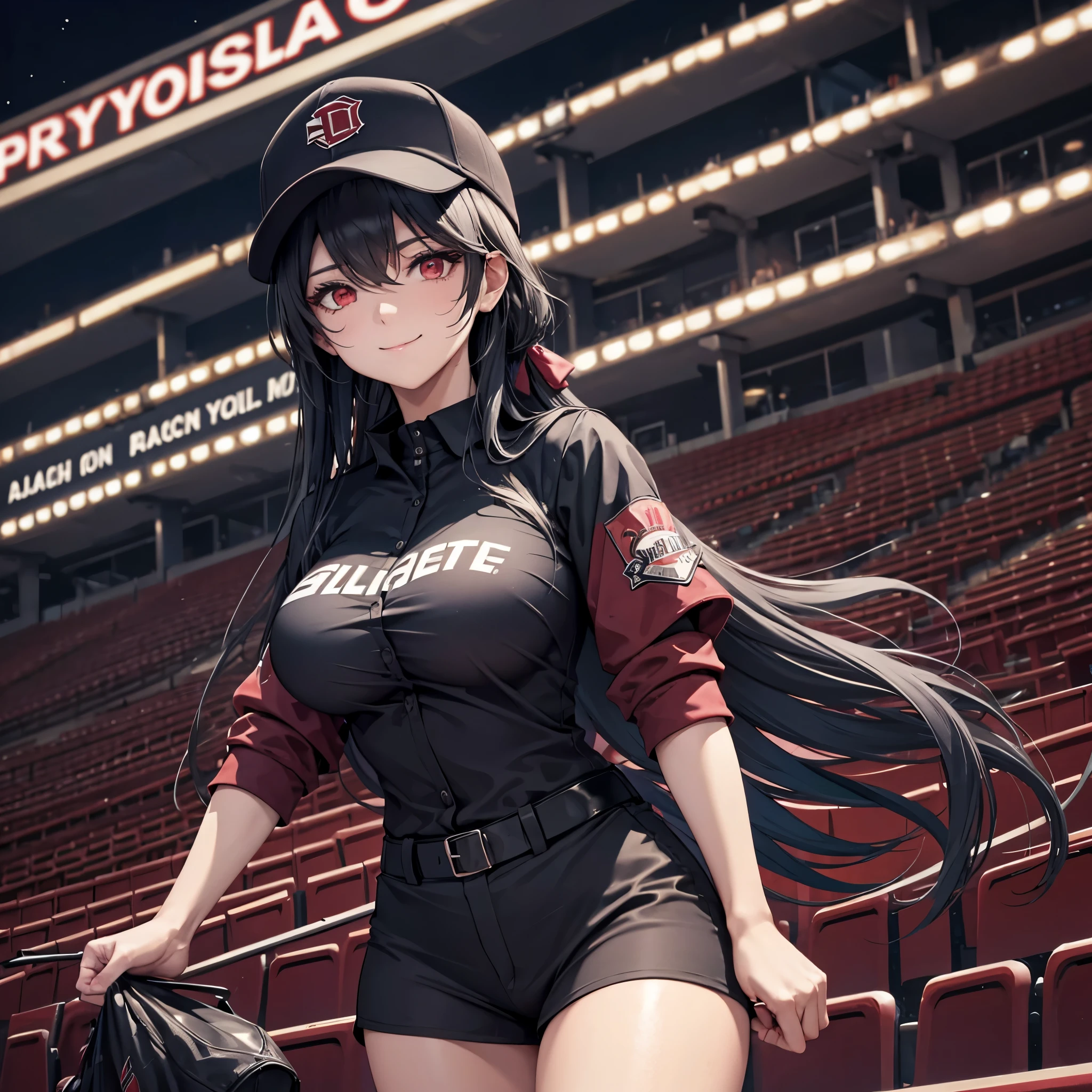 a woman in a black baseball uniform with red details, (red eye) smiles, big boobs, in an empty baseball stadium at night
