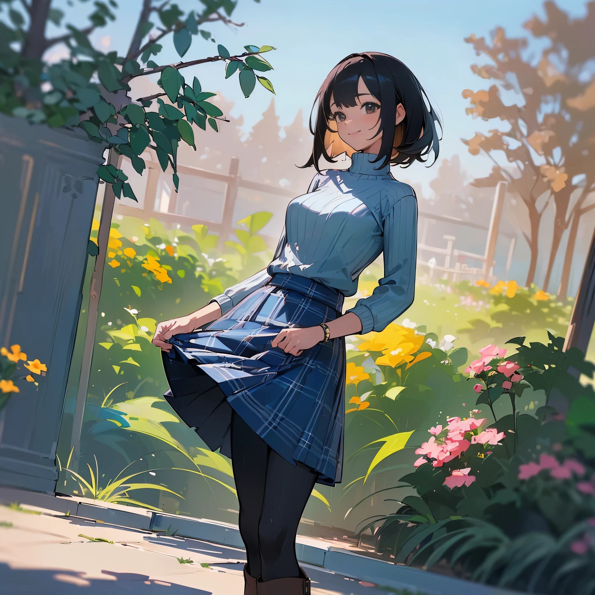 (high quality, high resolution, Super detailed, Reality:1.37), peaceful atmosphere, (outdoor, garden), Teenage girl standing alone, (My breasts are big.), Beautiful detailed features, cute smile, (black bob hair), ribbed sweater, blue plaid skirt, Black tights, brown boots.