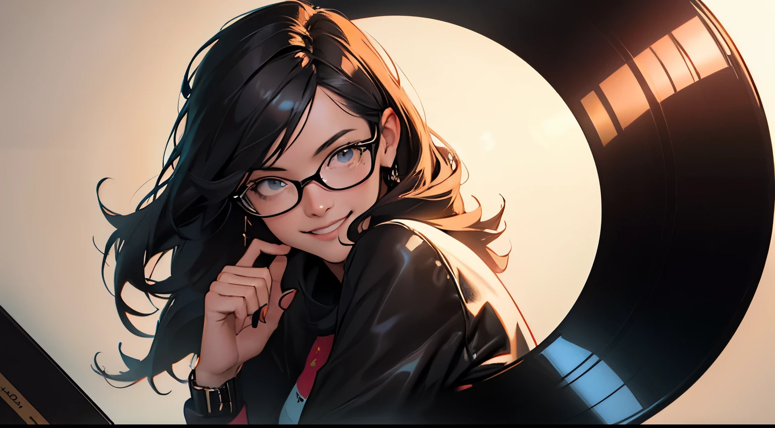 ((vinyl record)), (a girl wearing glasses, lightly smiling),  otherworldly, unusual, romantic, abstract, art, mystery, masterpiece, epic, cool